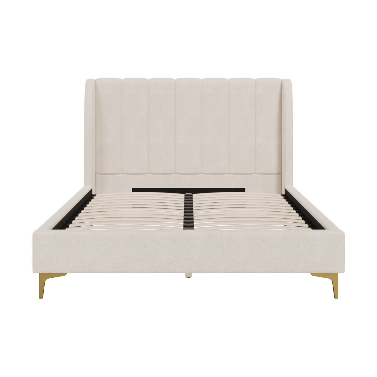 lit double koda en tissu beige avec pieds dore 