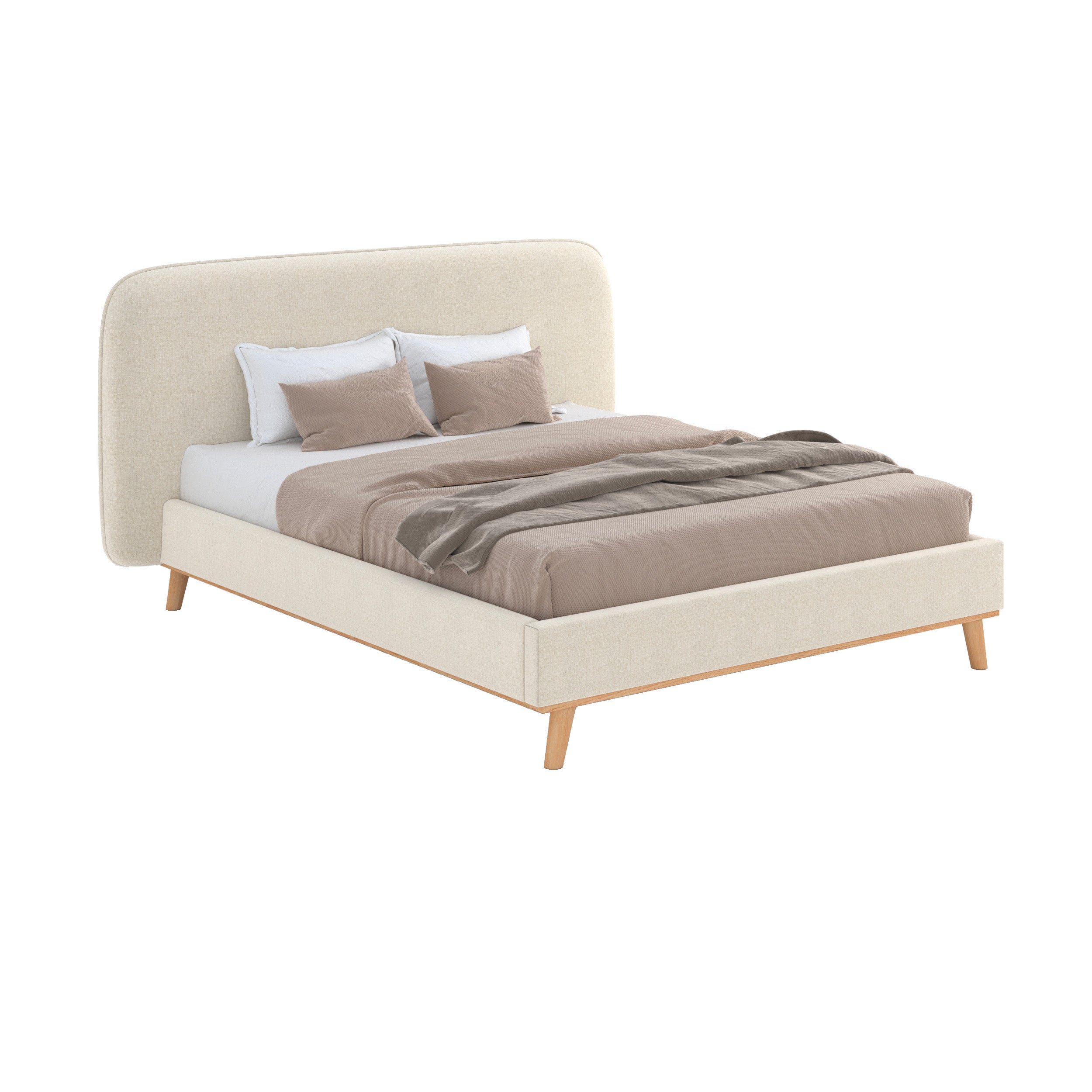 lit double modjo 160 x 200 cm en tissu beige pieds bois fond blanc