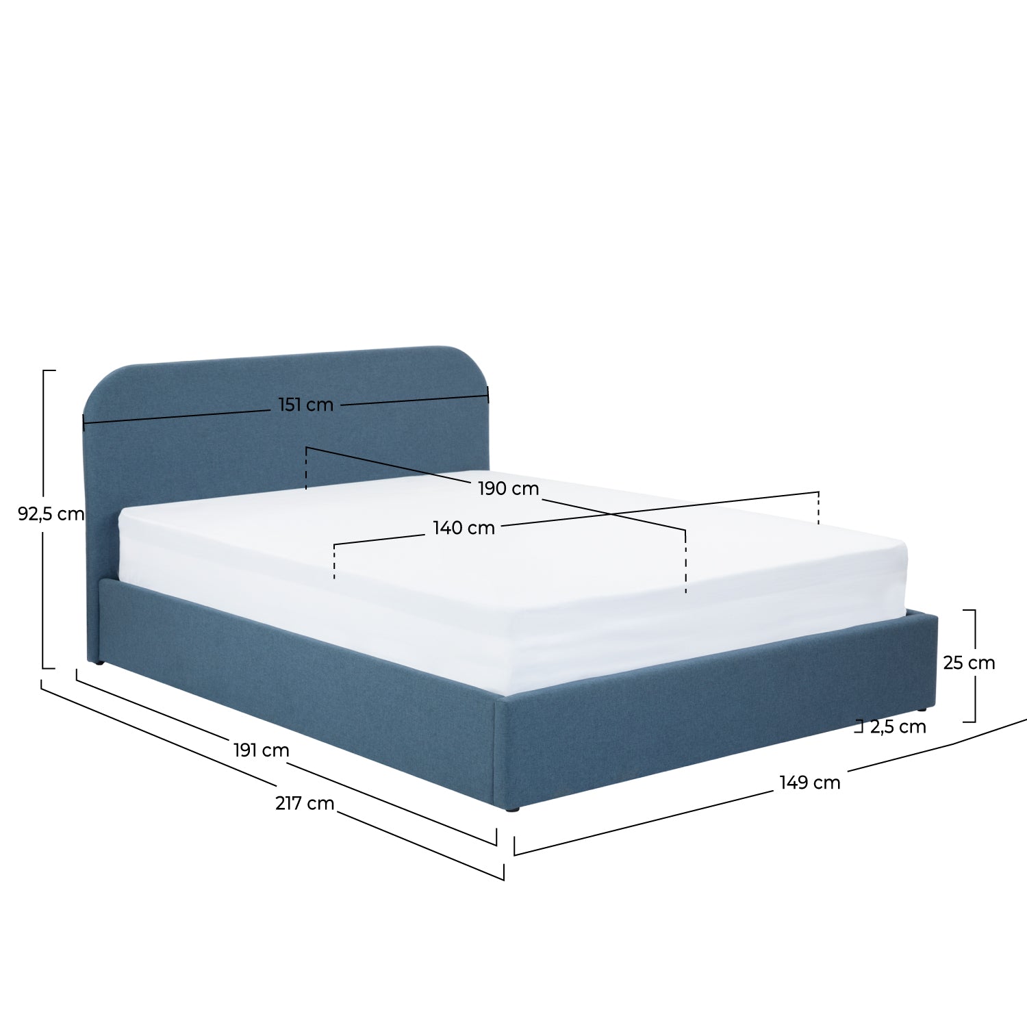 Lit double Tilly avec coffre 140x190 cm en tissu bleu
