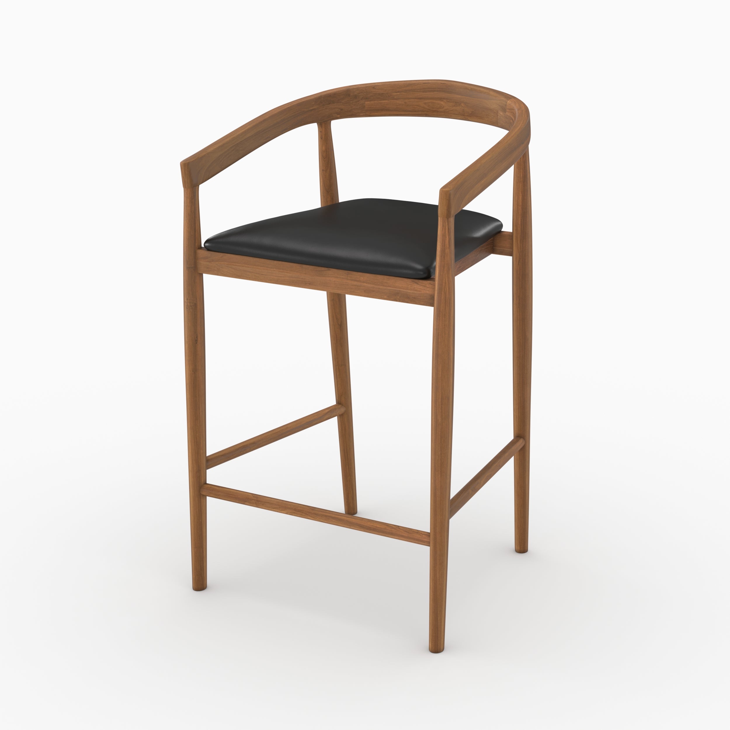 Lot de 2 chaises de bar 77 cm Bali en bois de teck vernis et assise en cuir noir