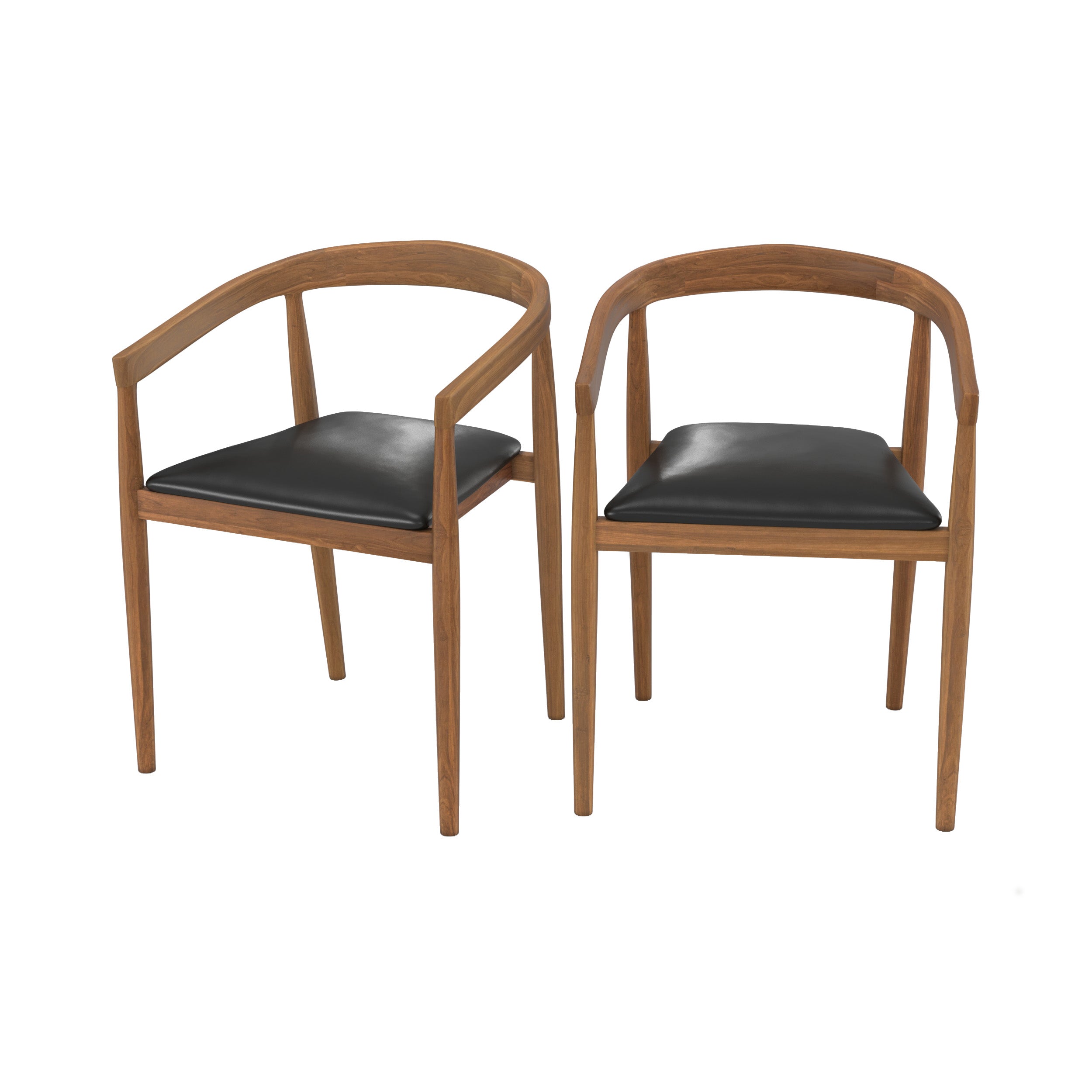 Lot de 2 chaises Bali en bois de teck vernis et assise en cuir noir