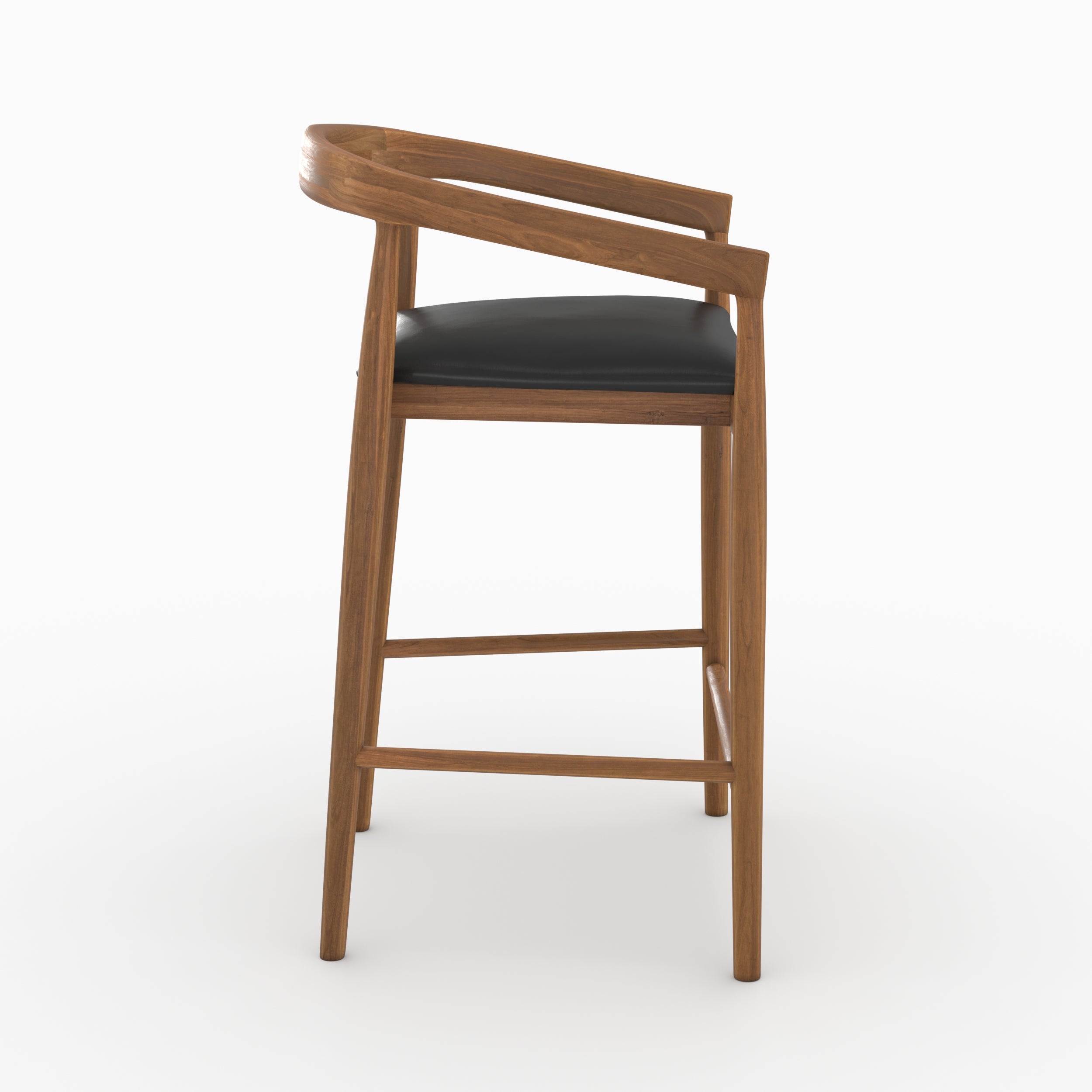 Lot de 2 chaises de bar 77 cm Bali en bois de teck vernis et assise en cuir noir