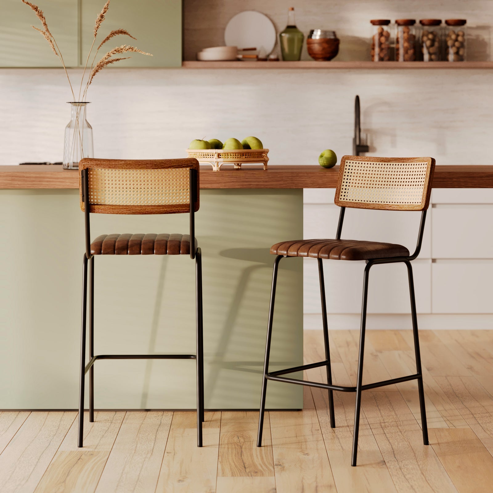 lot de 2 chaise de bar arsene cuir et cannage