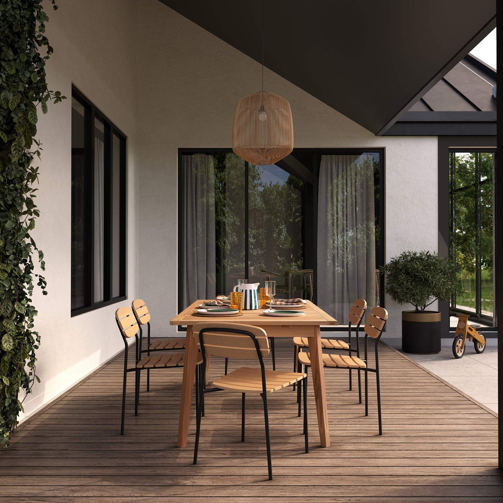 lot de 2 chaises de jardin en bois et metal noir