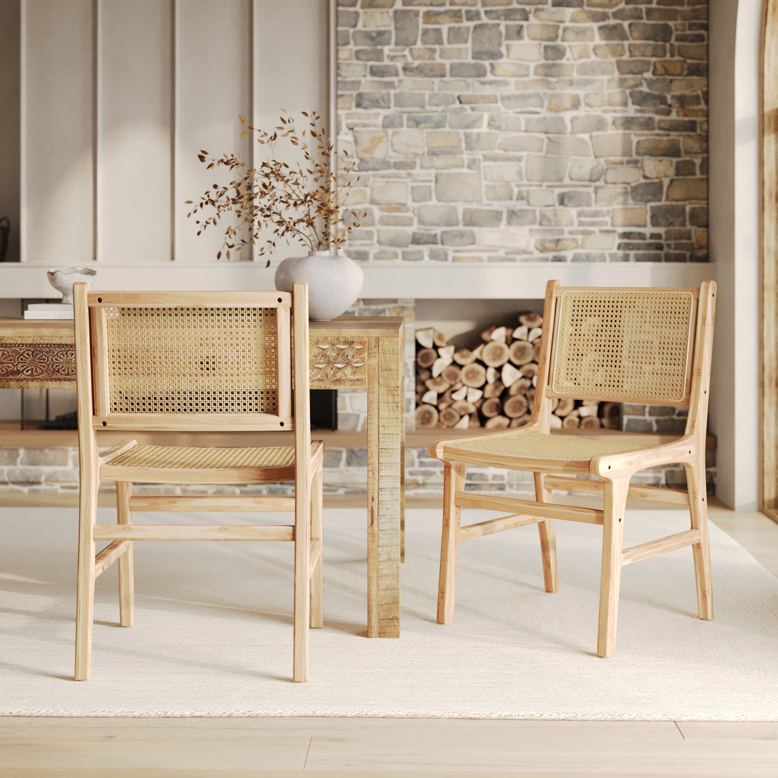 lot de 2 chaises en bois de teck et rotin lot de 2 kyla