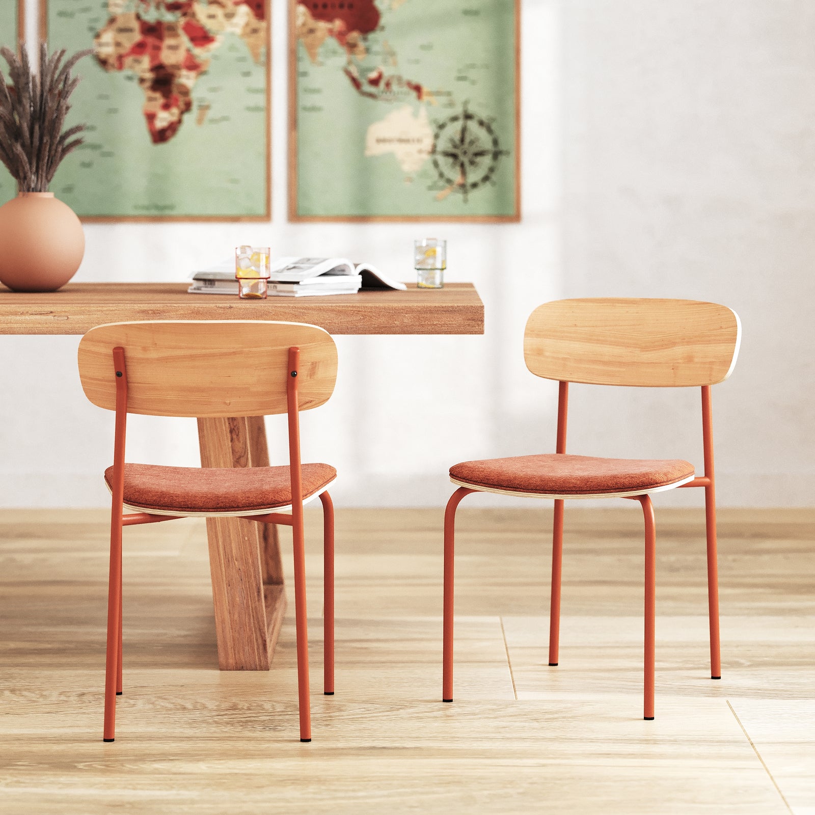 lot de 2 chaises en tissu terracotta et bois clair