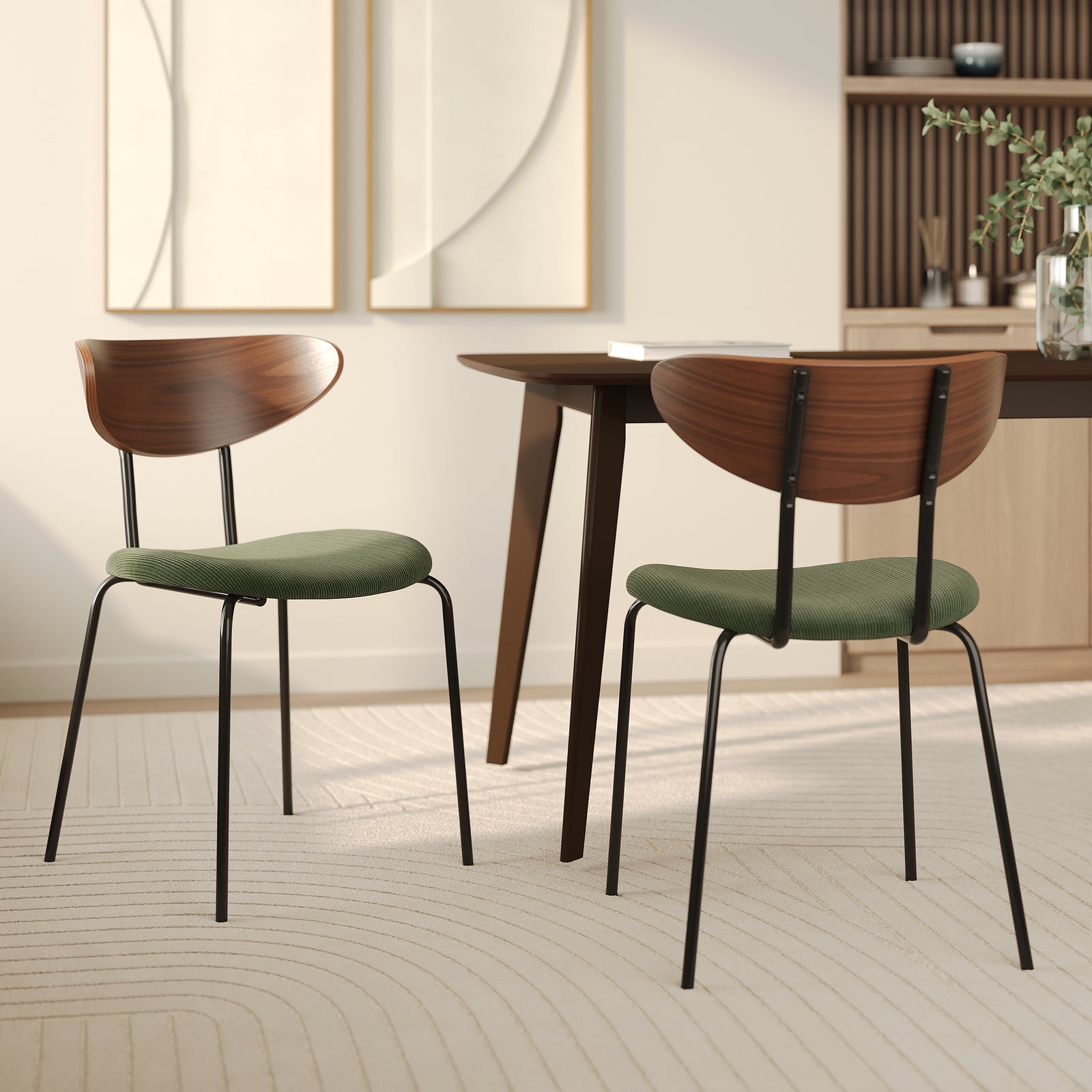 lot de 2 chaises jade en velours vert kaki bois fonce