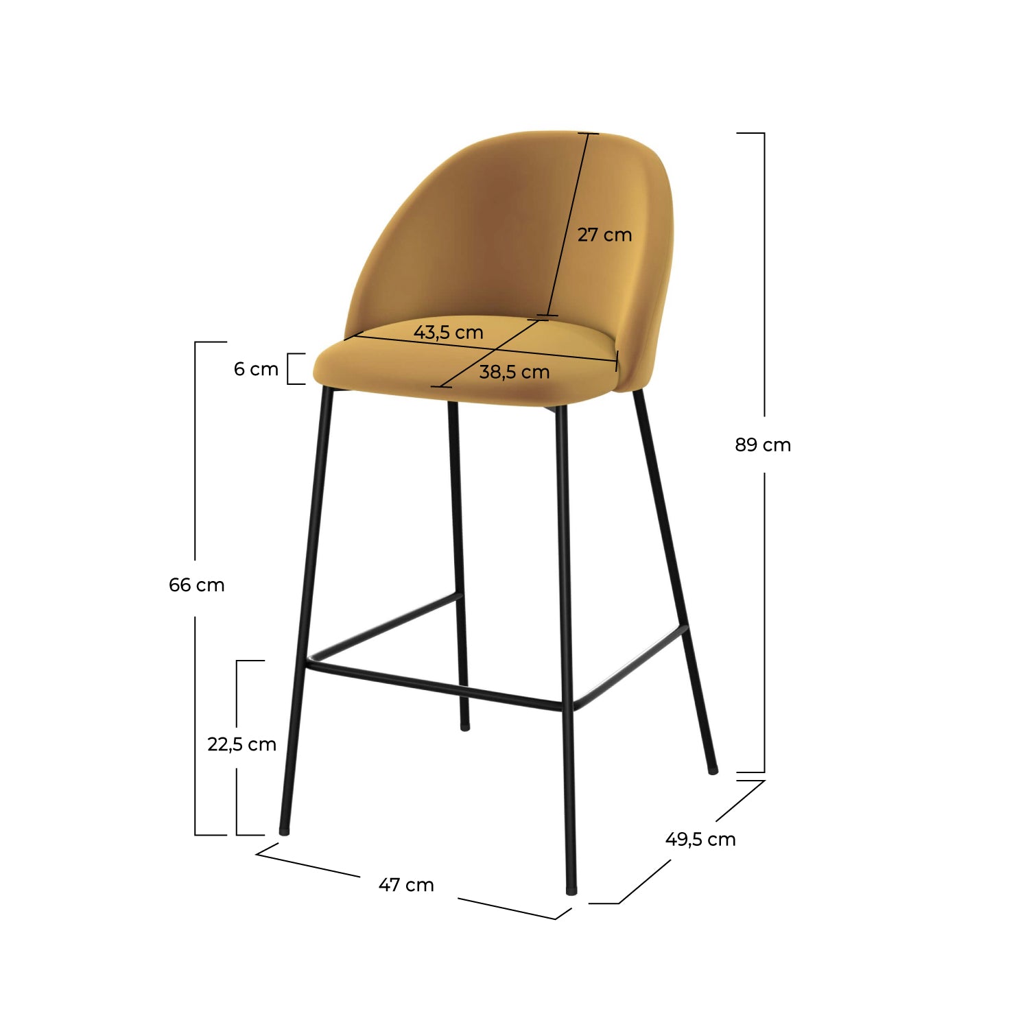 lot de 2 chaises karl de bar 66cm en velours jaune