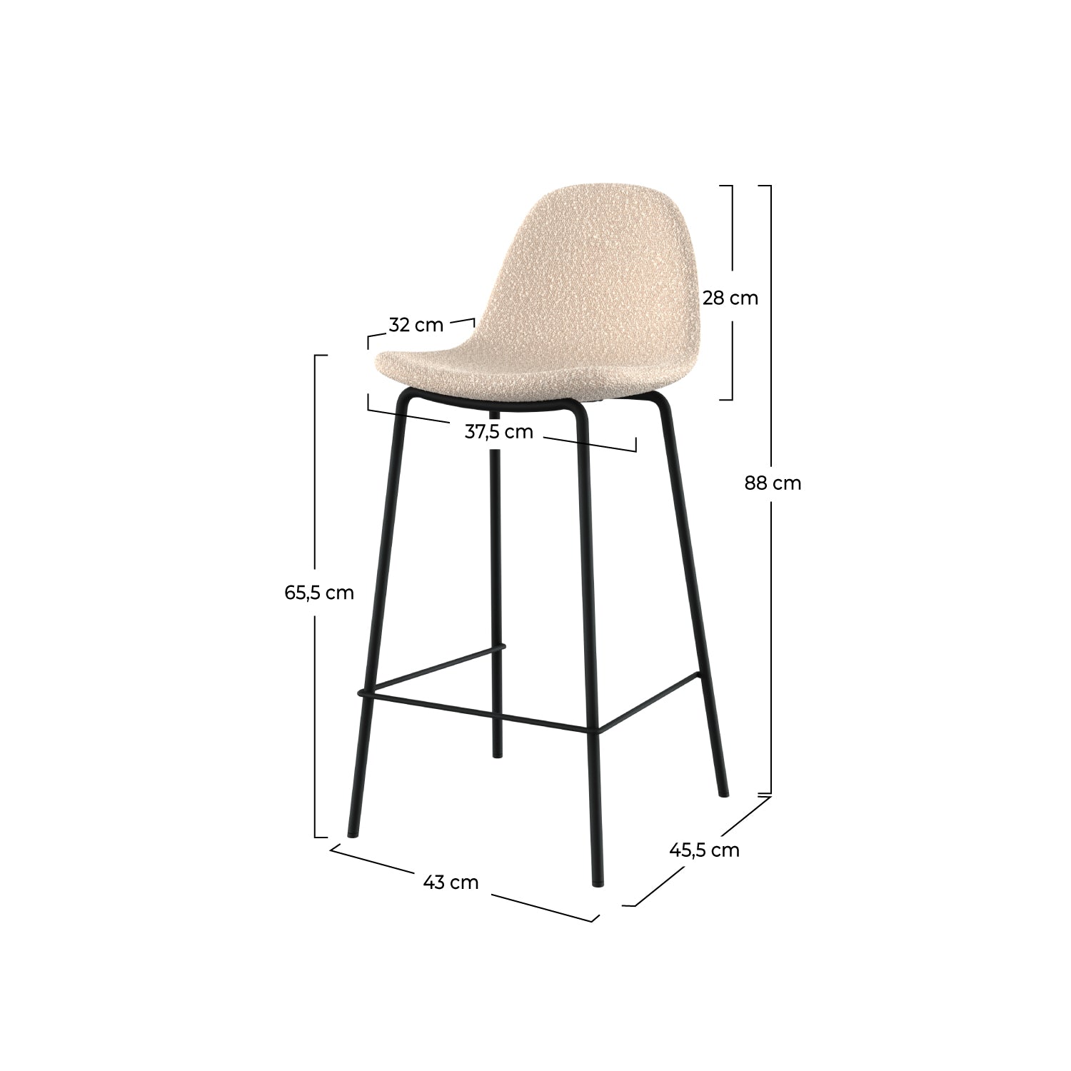lot de 2 chaises pour ilot central en tissu boucle beige et pieds en metal noir henrik