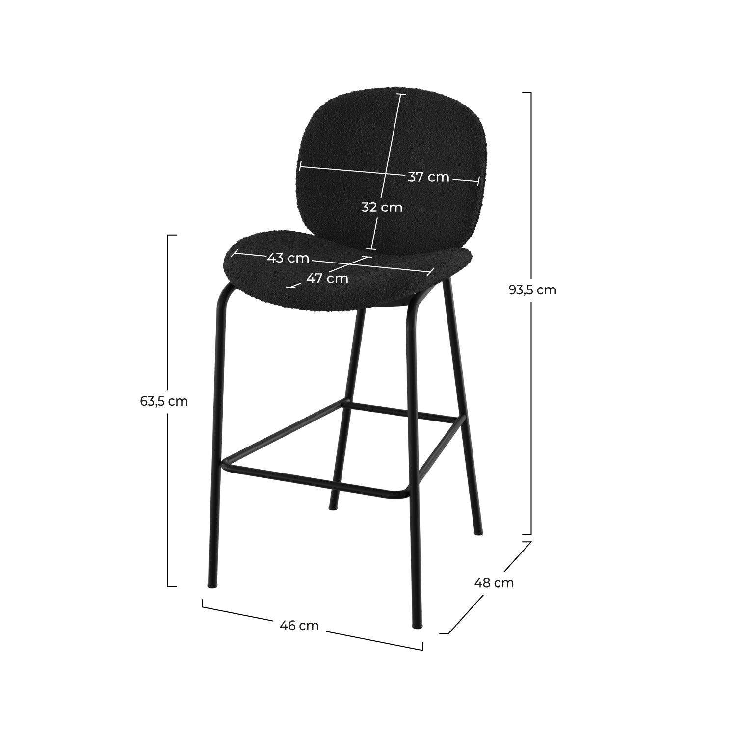 lot de 2 chaises pour ilot central en tissu noir bouclette iris 65