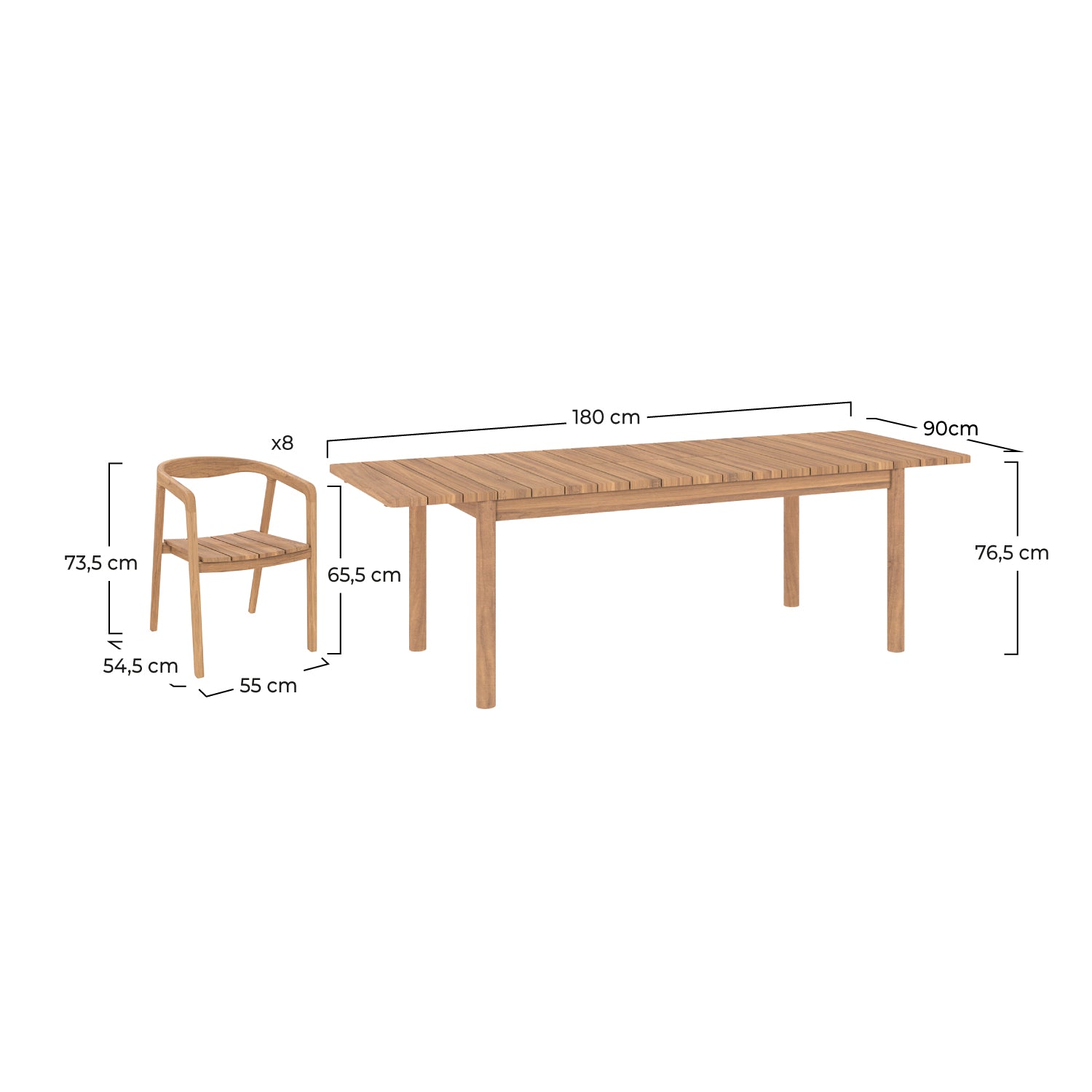 lot de jardin 1 table en bois et 8 chaises de jardin kora