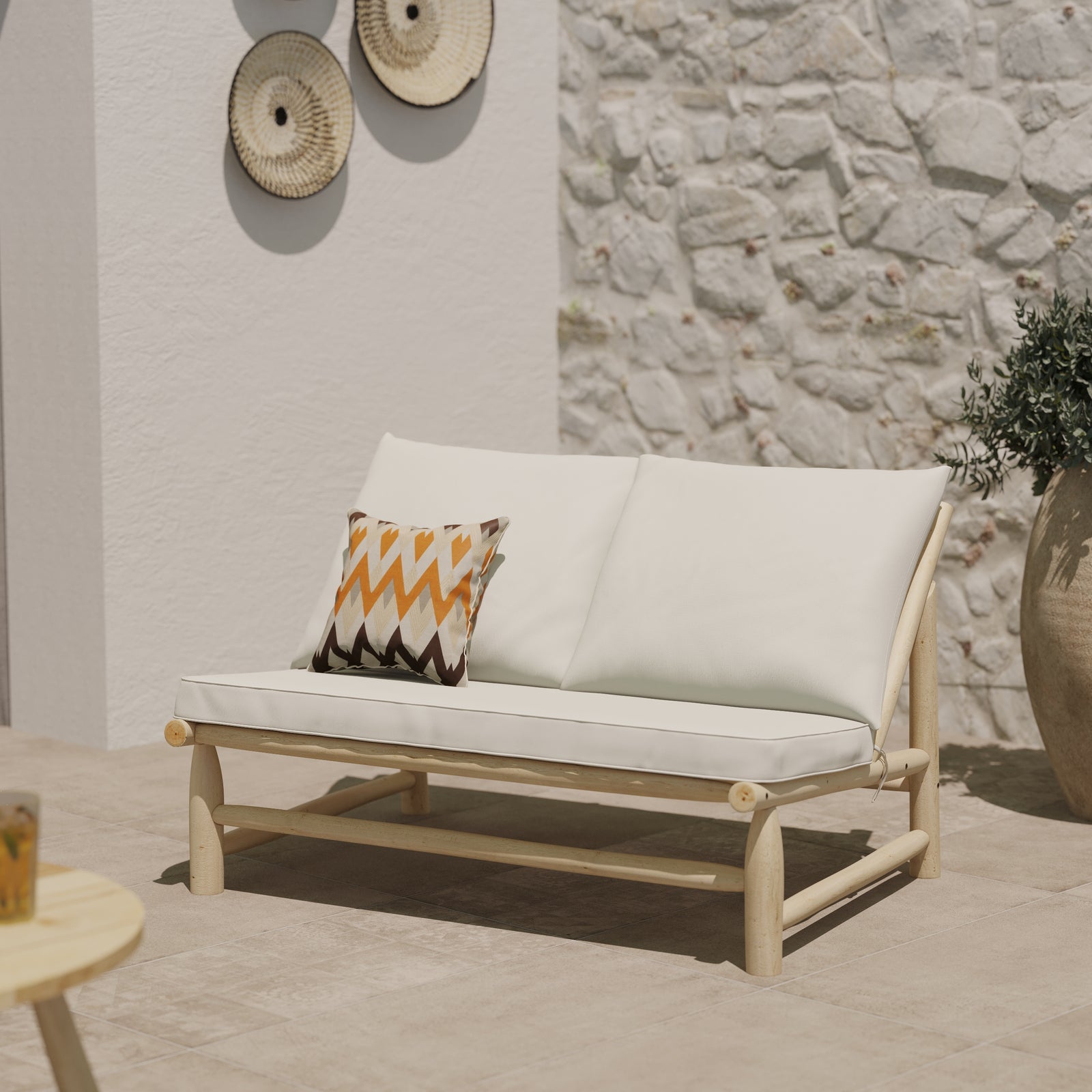 makam banquette de jardin bois tissu blanc casse focus