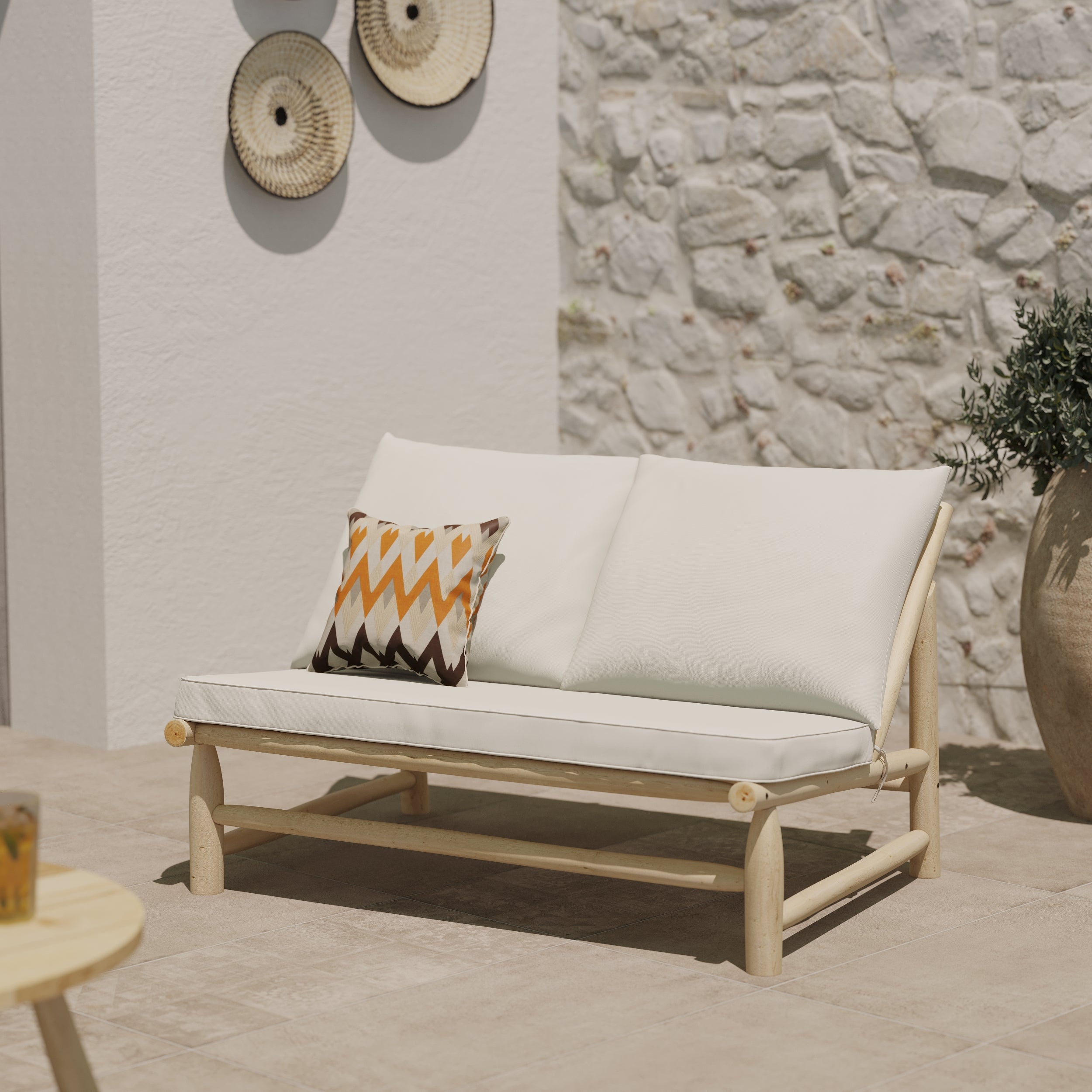 makam banquette de jardin bois tissu blanc casse focus