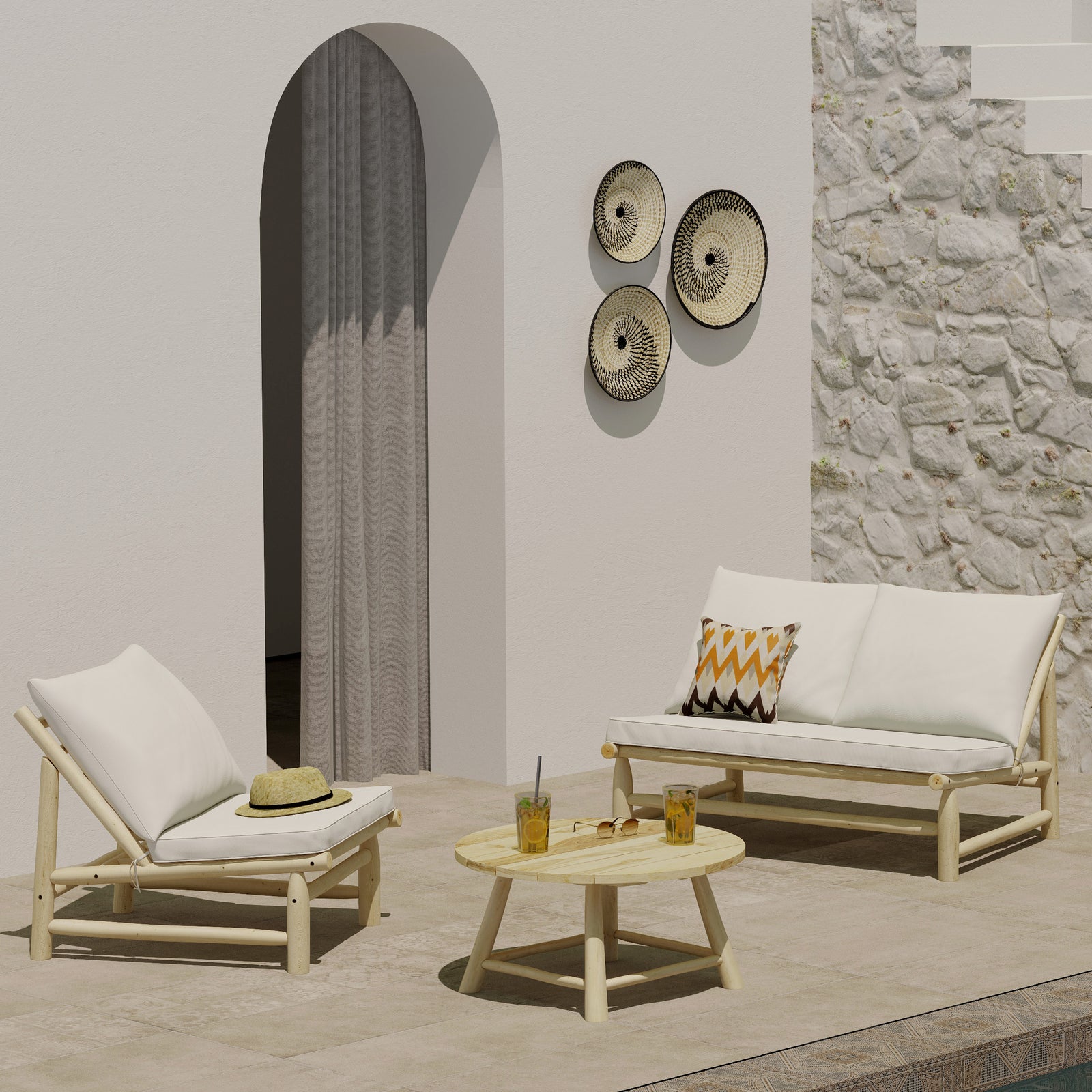 makam banquette de jardin en bois de teck coussins blanc casse ambiance