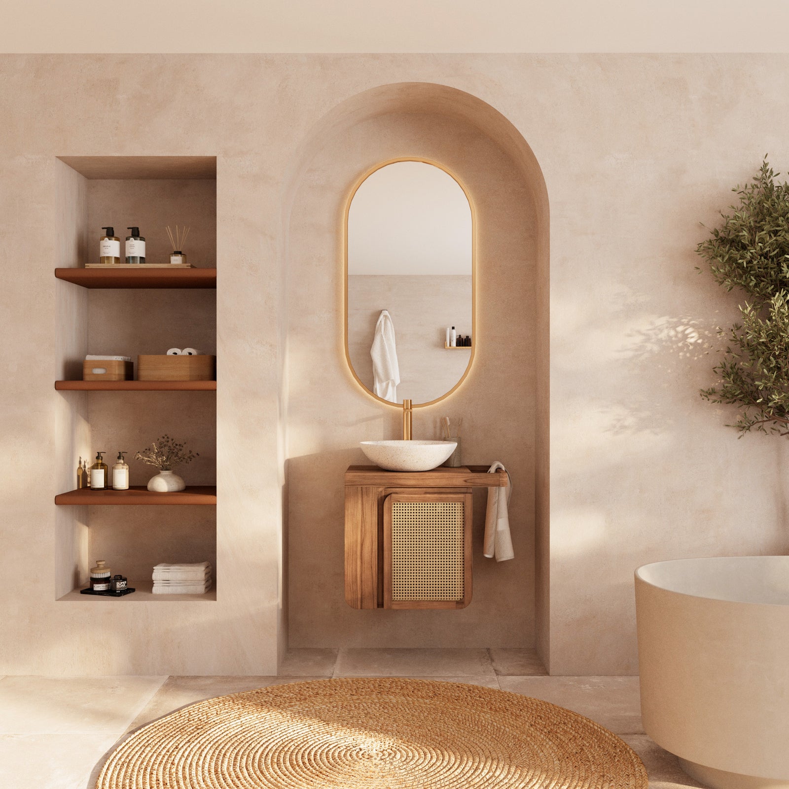 meuble de salle de bain bois et cannage suspendu dami