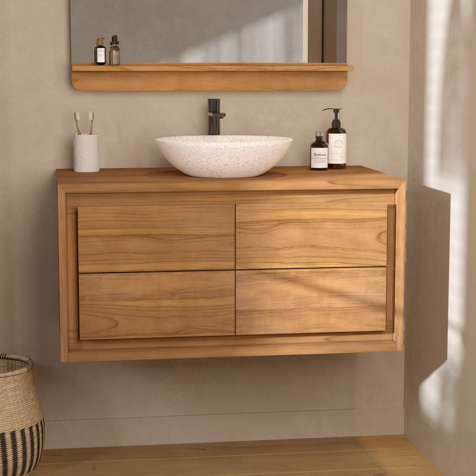 meuble de salle de bain suspendu bois de teck rangement hera