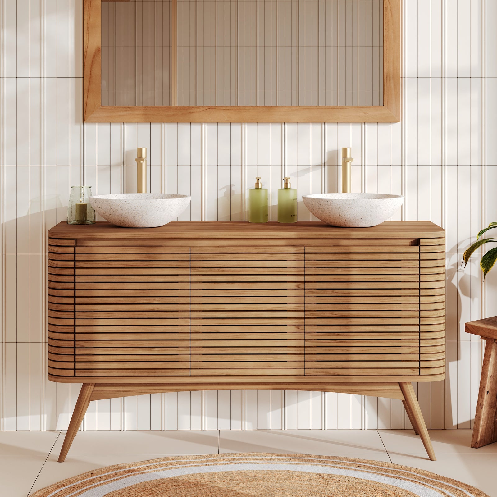 meuble salle de bain bois de teck rangement 3 portes auguste