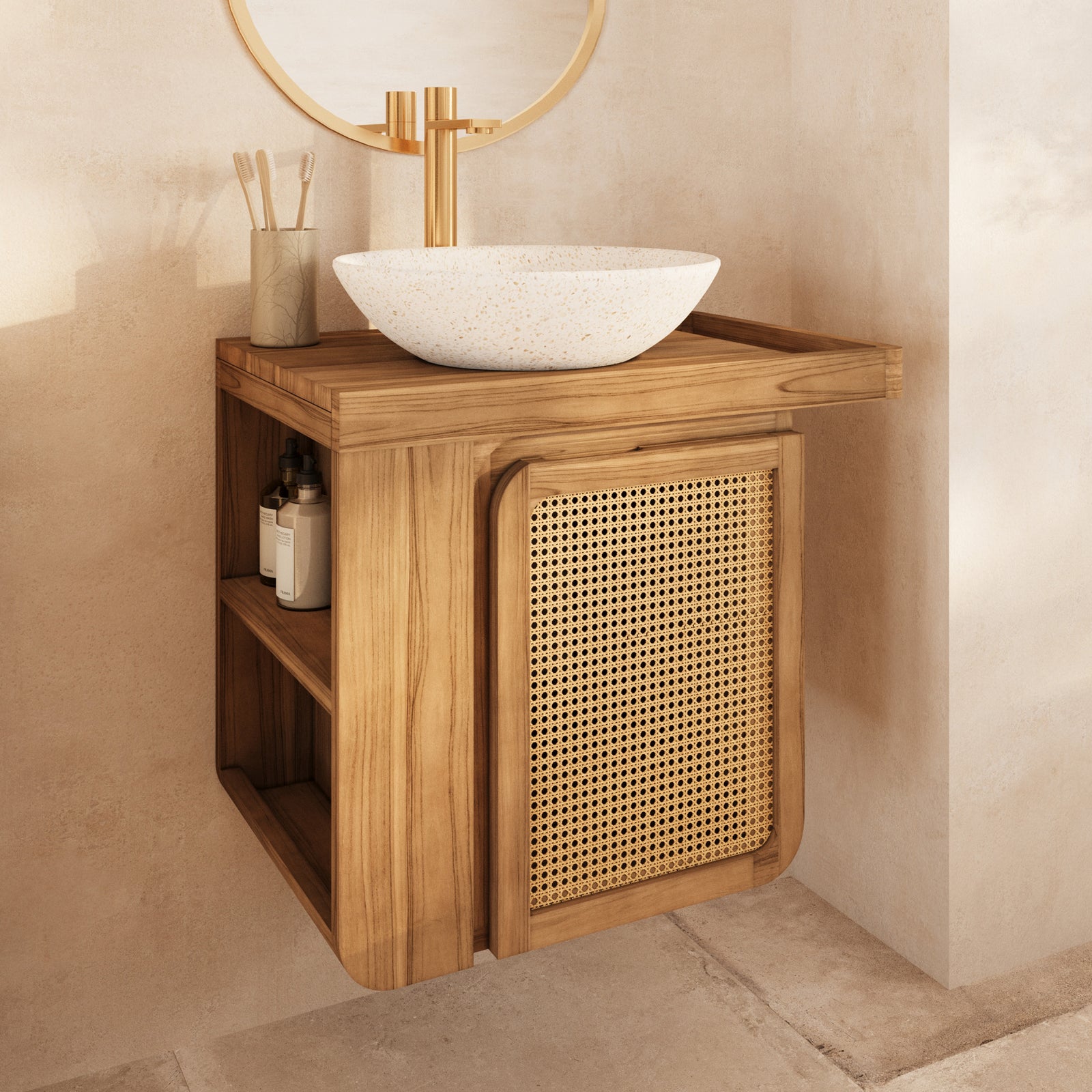 meuble suspendu bois et cannage dami