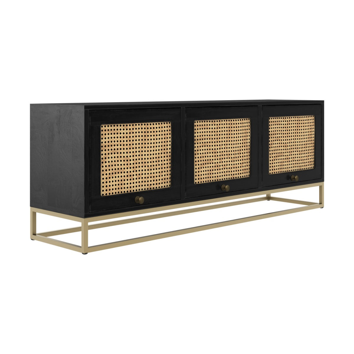 meuble tv 3 portes en cannage et pieds en metal dore shellona