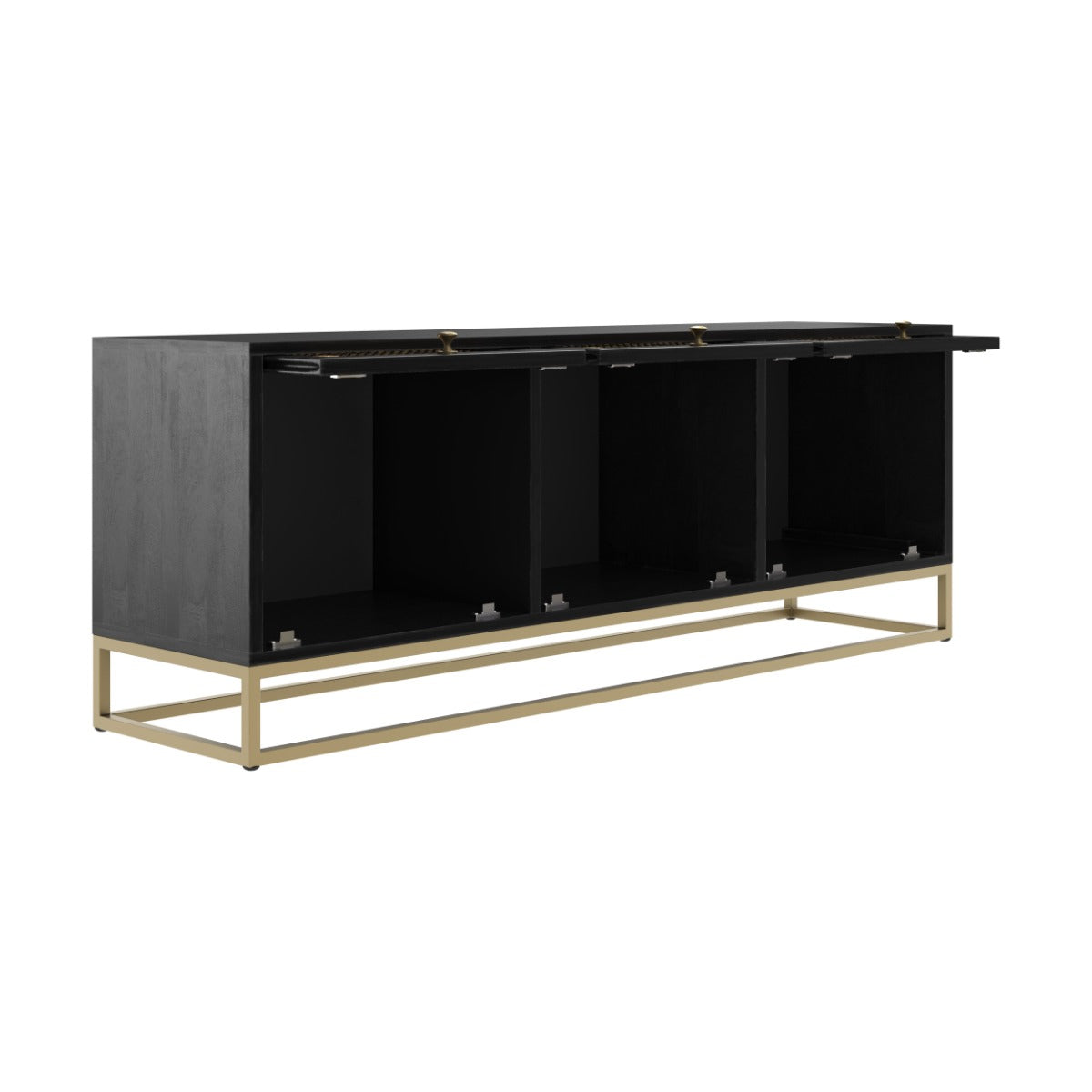 meuble tv shellona 3 portes en cannage et pieds en metal dore