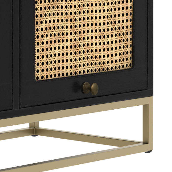 meuble tv shellona en bois de manguier cannage et pieds enmetal dore