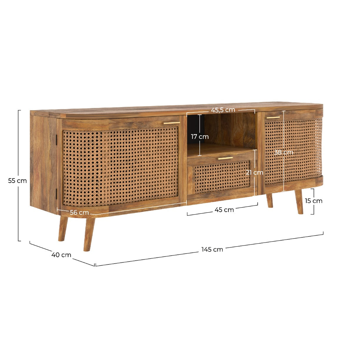 meuble tv wendy avec portes niche et tiroir en cannage