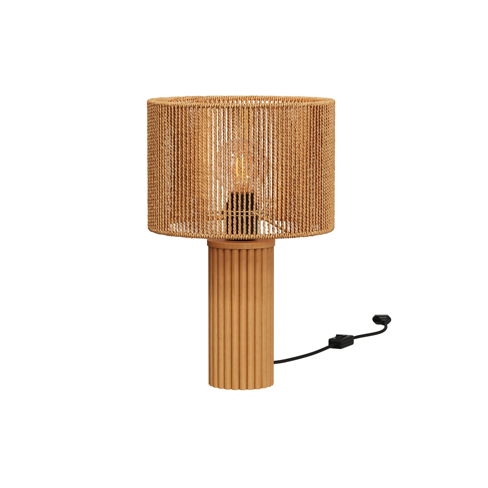 mira lampe en papier de corde et socle en rondin de bois