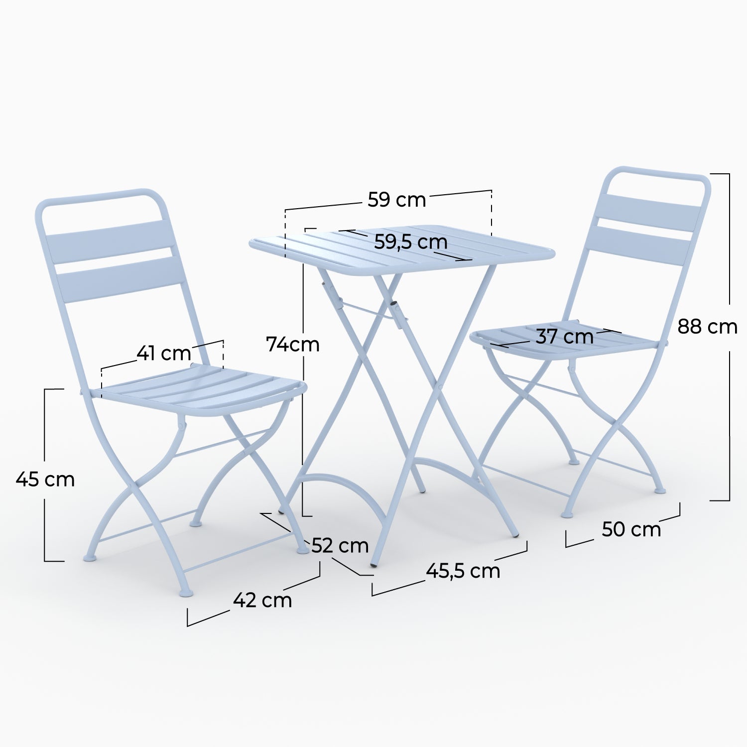 Table et chaises de jardin pliantes Yumi 2 personnes en métal bleu