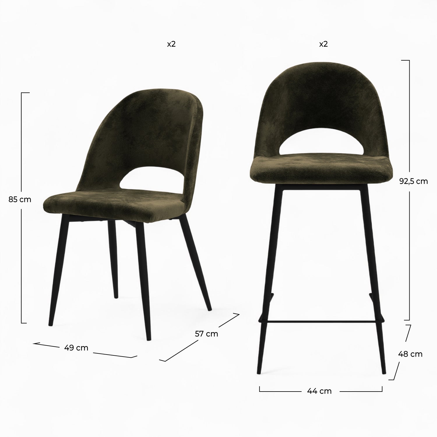 mobilier penelope velours vert 2 chaises 2 bar 65cm