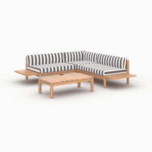 Salón de jardín Nadila para 4 personas en teca maciza y tela a rayas gris.