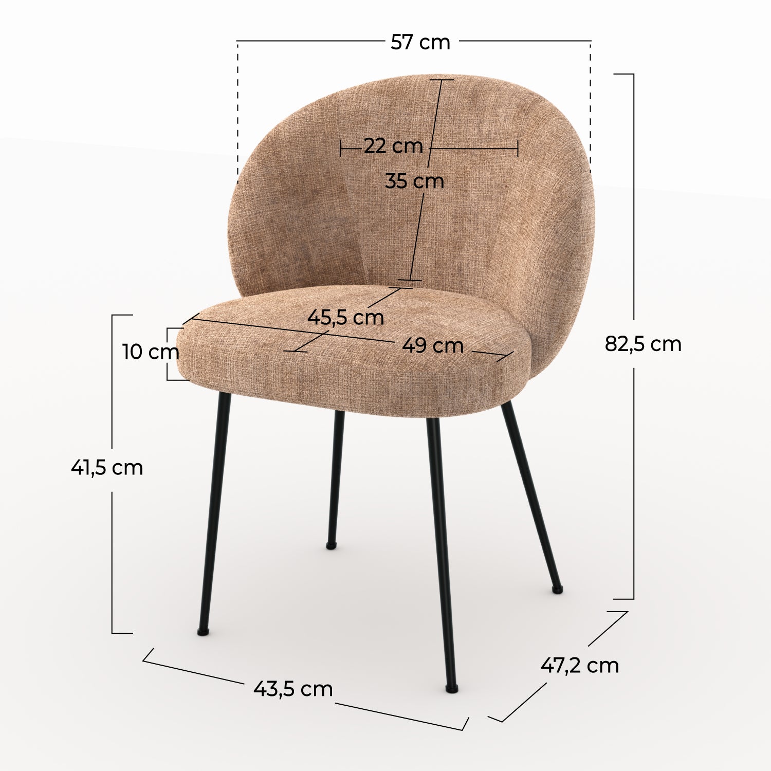 Chaise Bloomy en velours chenillé café crème et métal noir