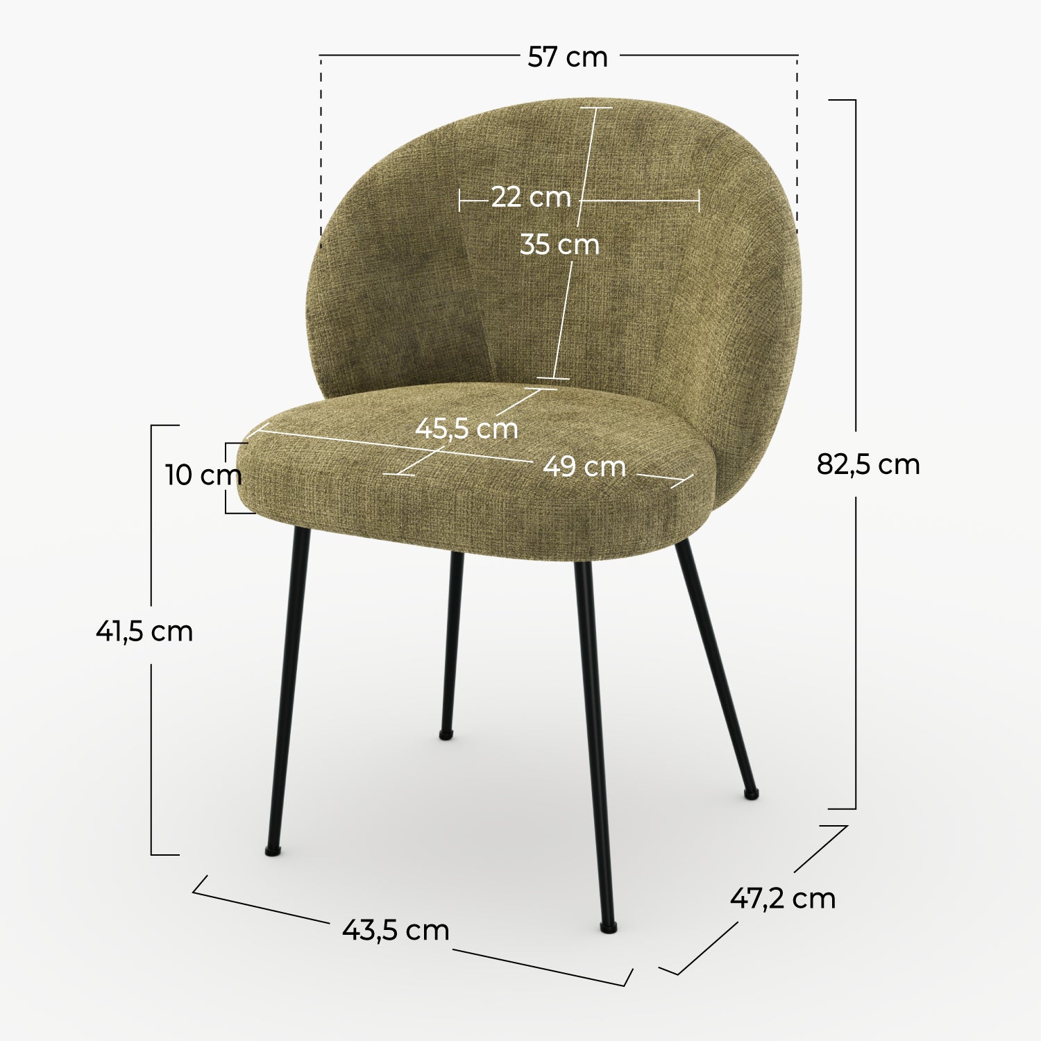 Chaise Bloomy en velours chenillé vert olive foncé et métal noir