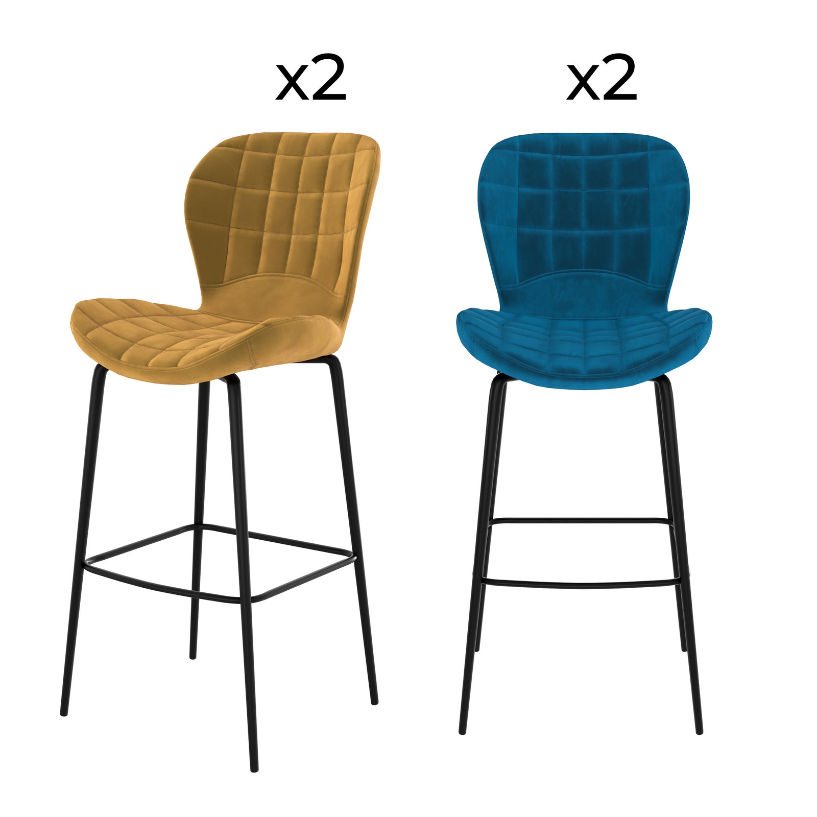 pack 4 chaises de bar mazzia en velours jaune et bleu 75 cm fond blanc