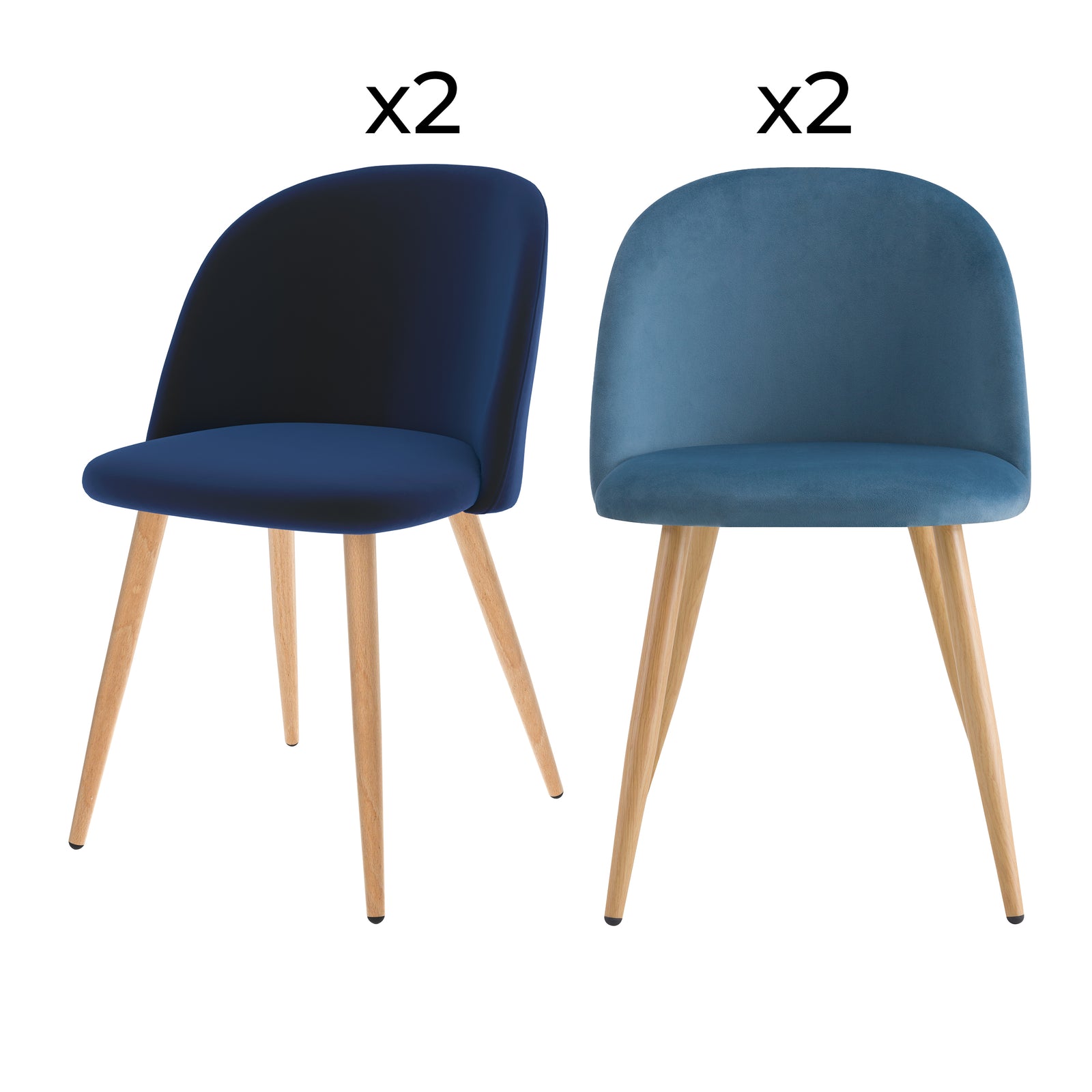 pack 4 chaises en velours bleu fonce et bleu fond blanc