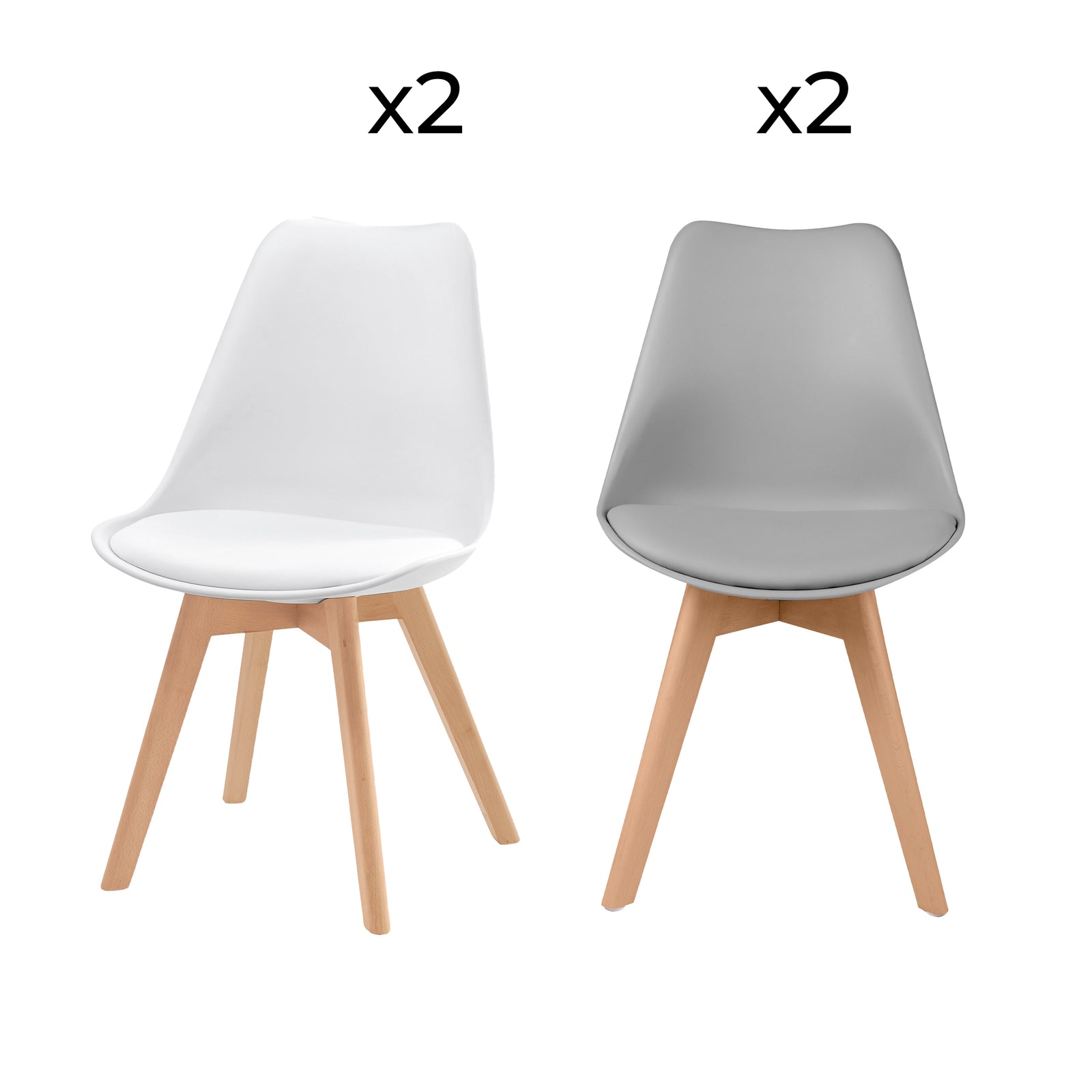 pack 4 chaises palstique skandi grises claires et blanches fond blanc