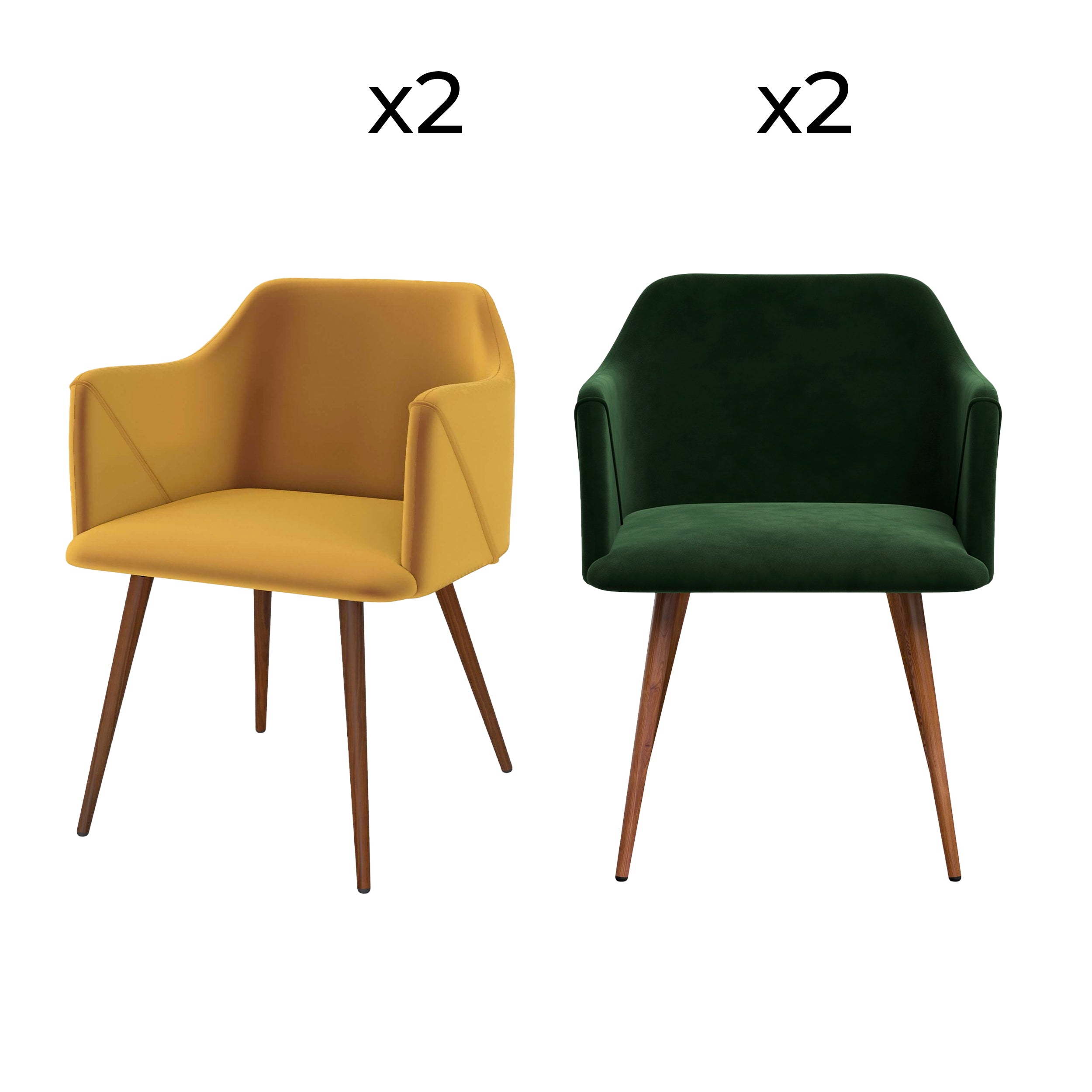 pack de 4 chaises daisy en velours jaune et vert sapin fond blanc