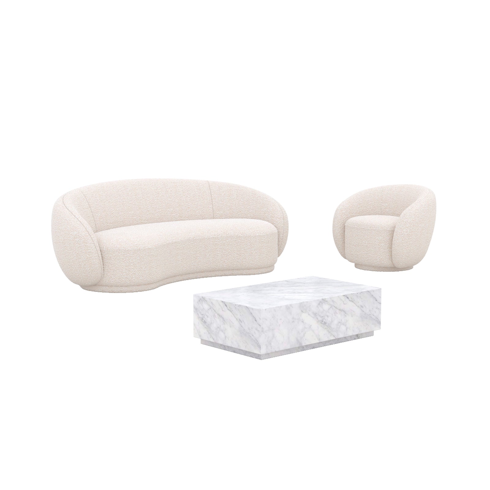 pack izae canape fauteuil tissu bouclette blanche table basse en marbre