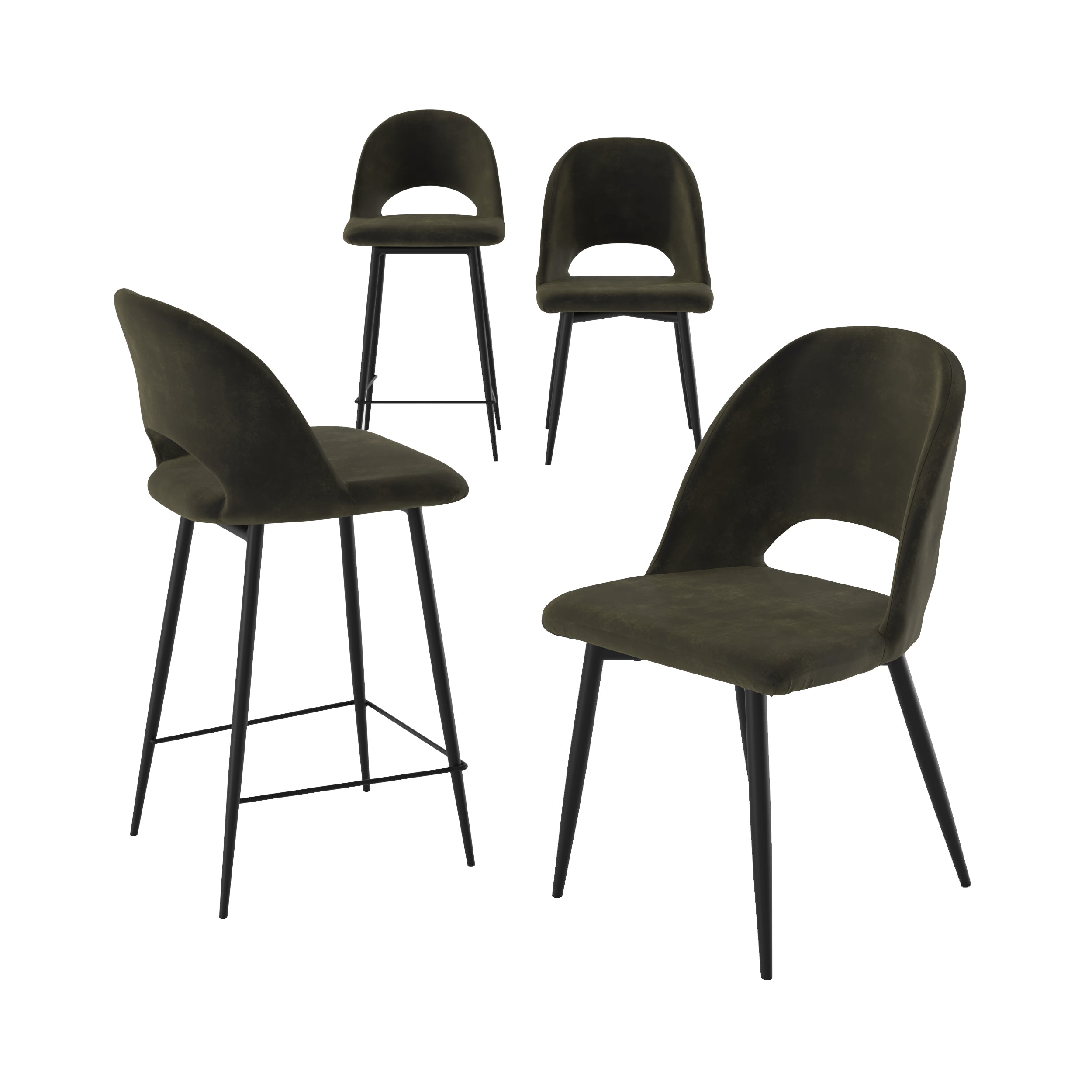 pack penelope 2 chaises 2 tabourets bar 65cm velours vert