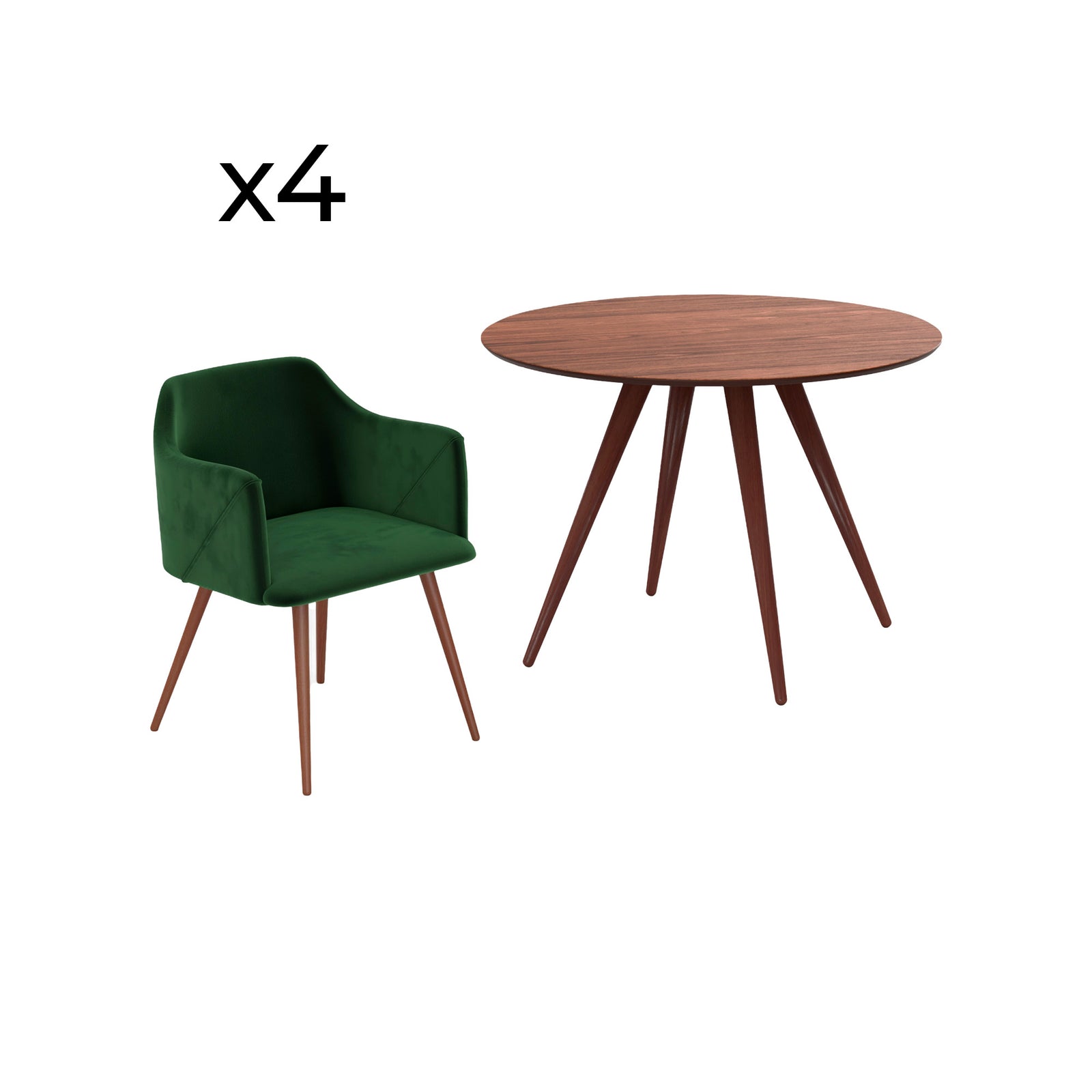 pack table et chaises liwa 4 personnes en velours vert et bois fond blanc