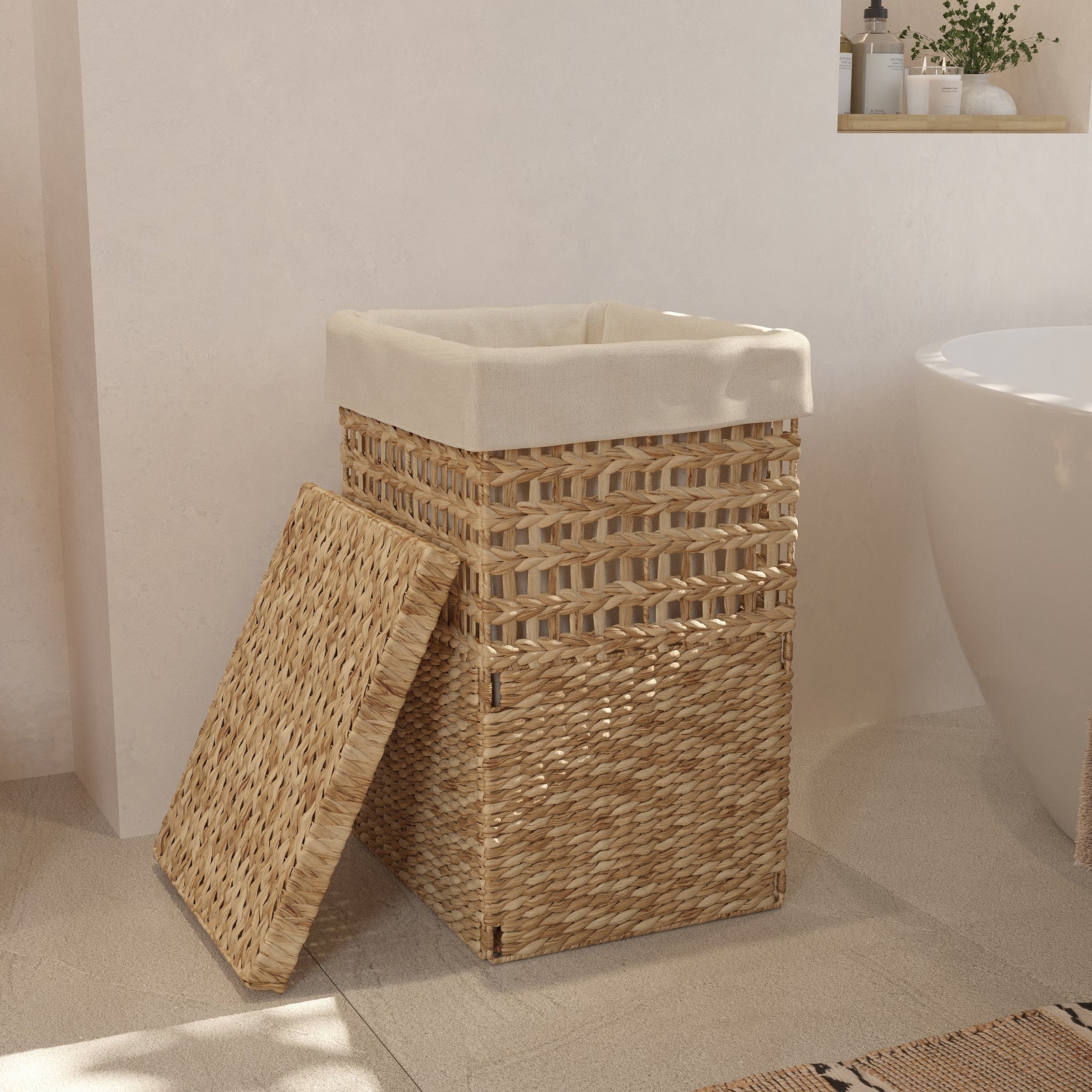 panier a linge salle de bain fibre naturelle et ling blanc