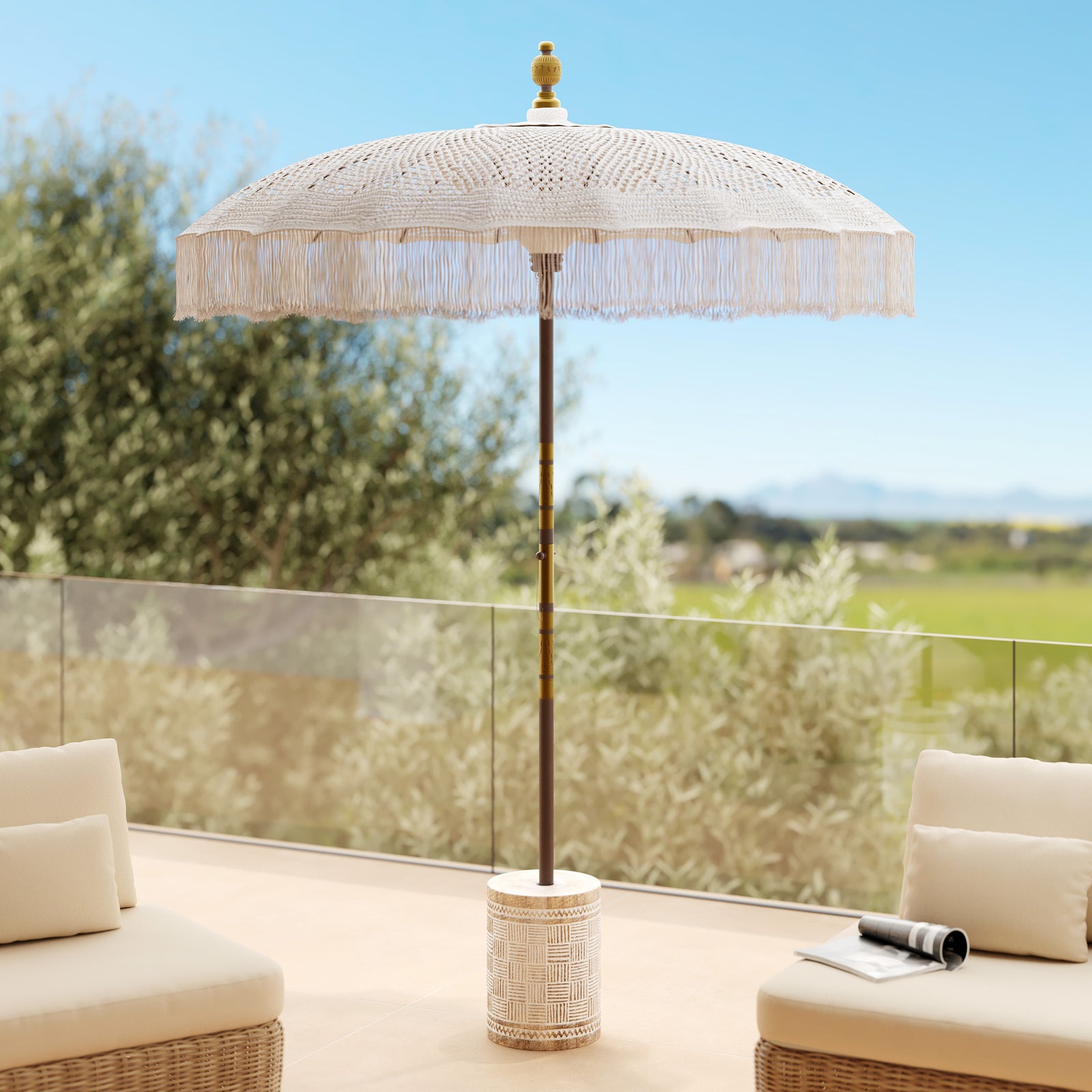 parasol coton et macrame bois fakele