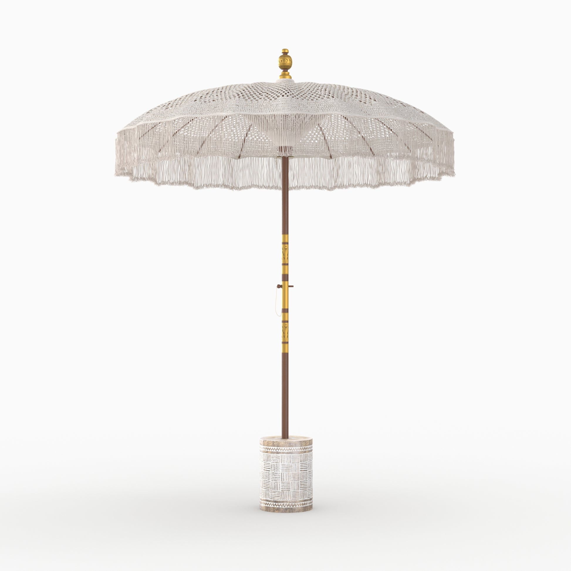 parasol coton macrame blanc pied bois de suar marron gravures blanches