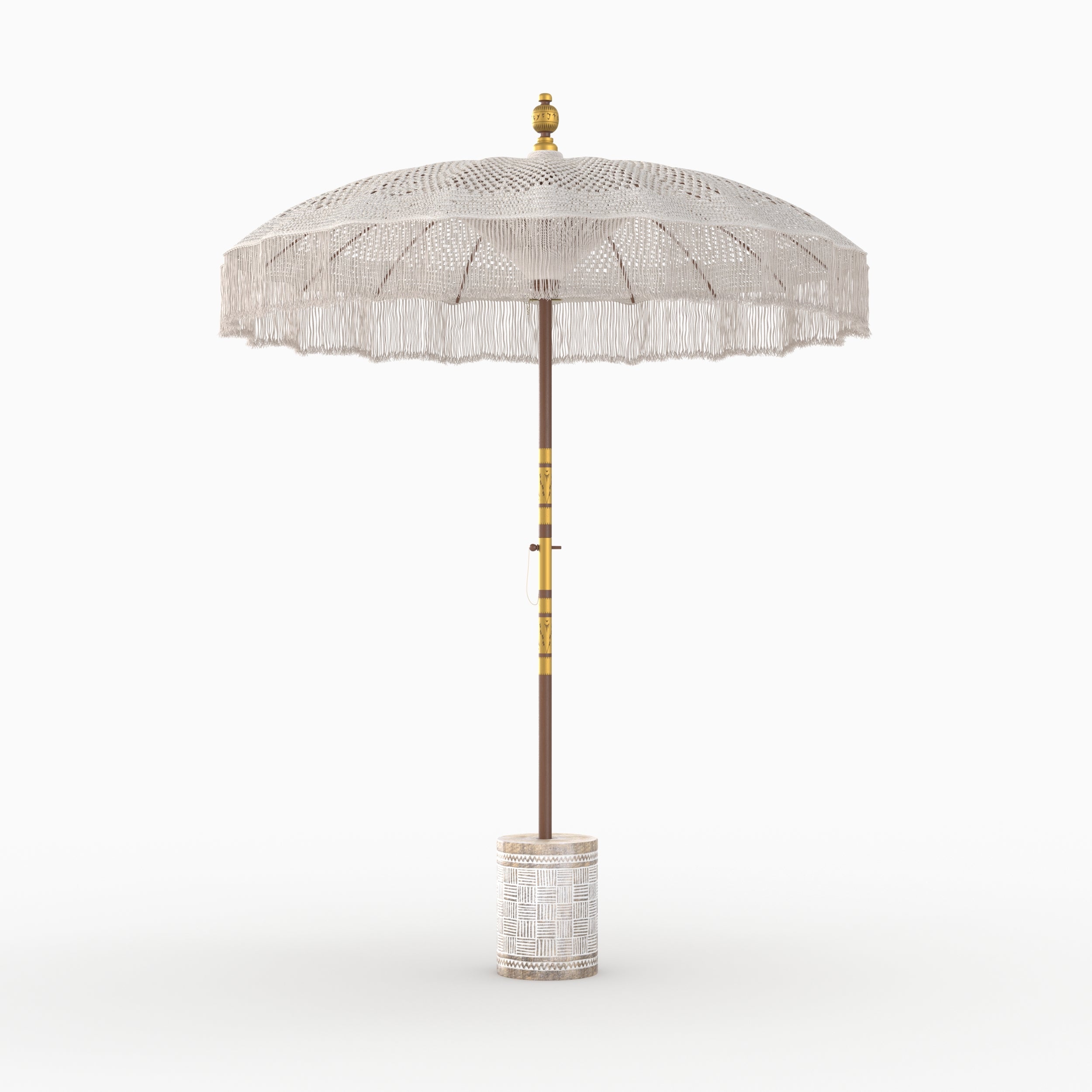 parasol coton macrame blanc pied bois de suar marron gravures blanches