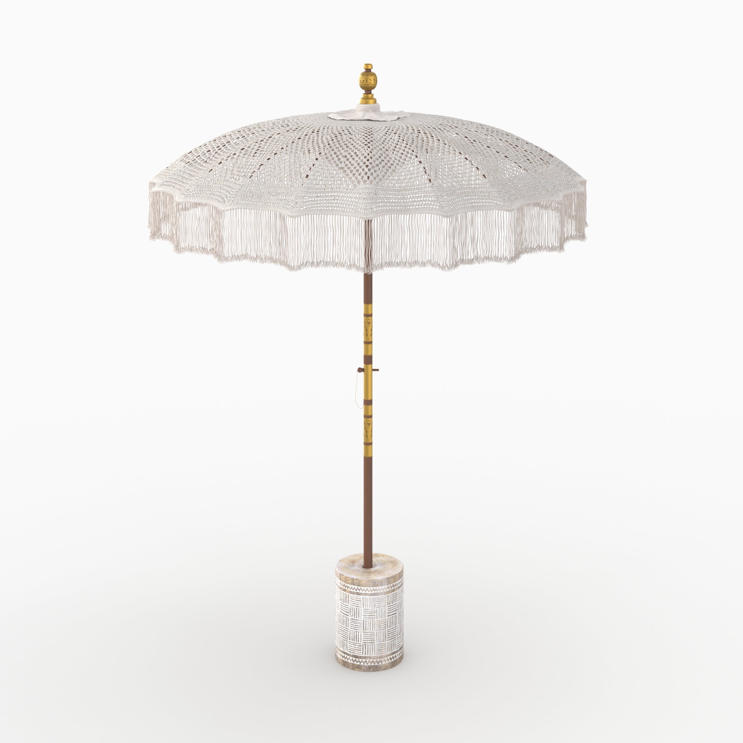 parasol coton macrame blanc pied bois marron gravures blanches