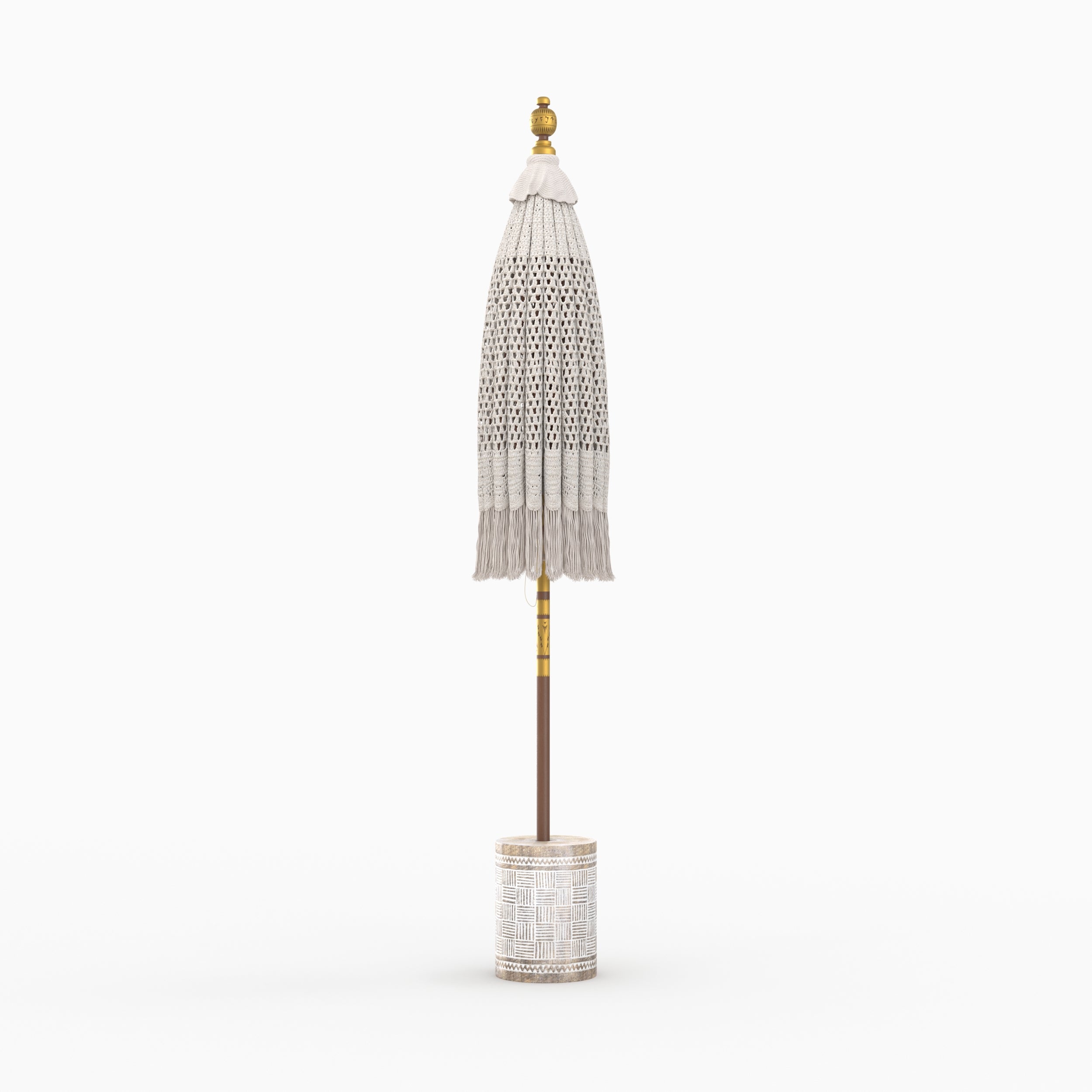 parasol coton macrame blanc pied bois suar marron gravures blanches