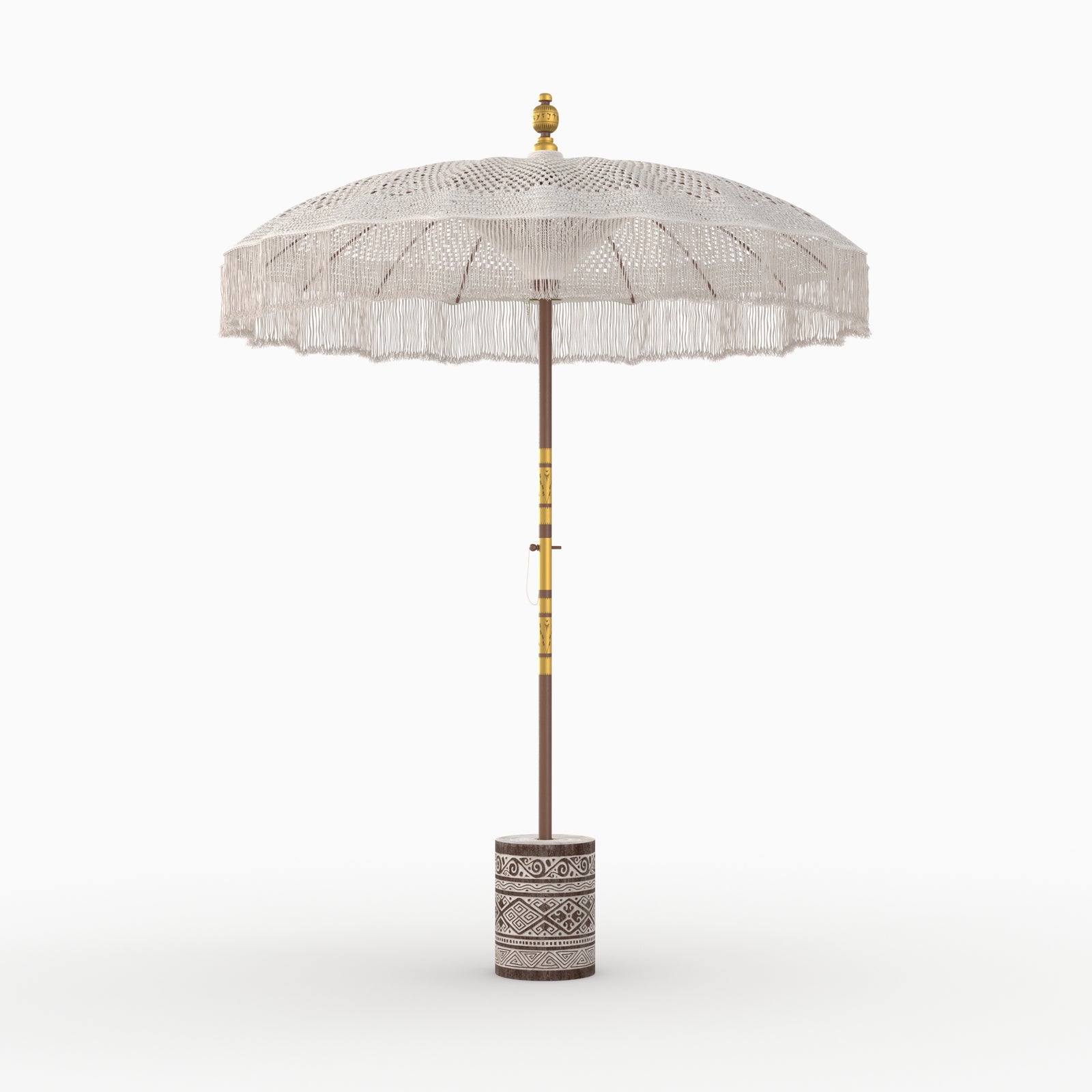 parasol en macrame et pied de parasol en bois de suar et gravures blanches fakele