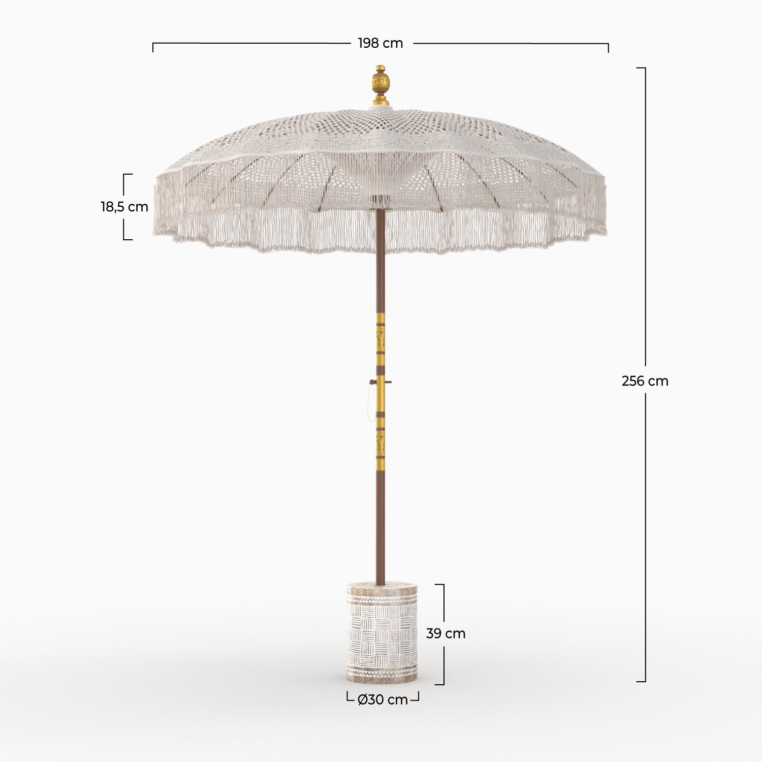 parasol et pied de parasol macrame blanc et marron