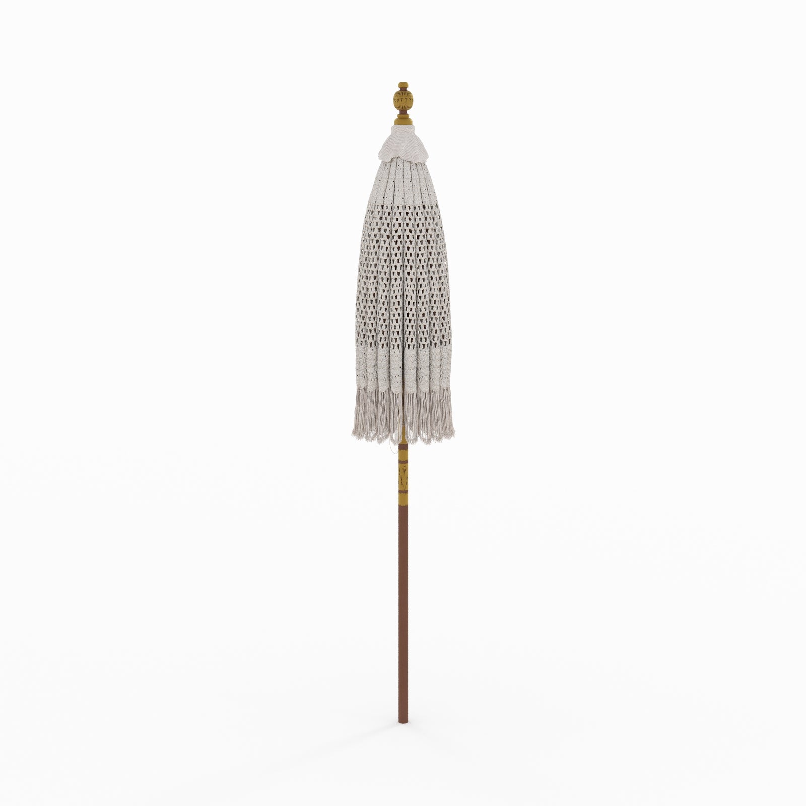parasol fakele en bois de cocotier et macrame blanc creme marron dentelle