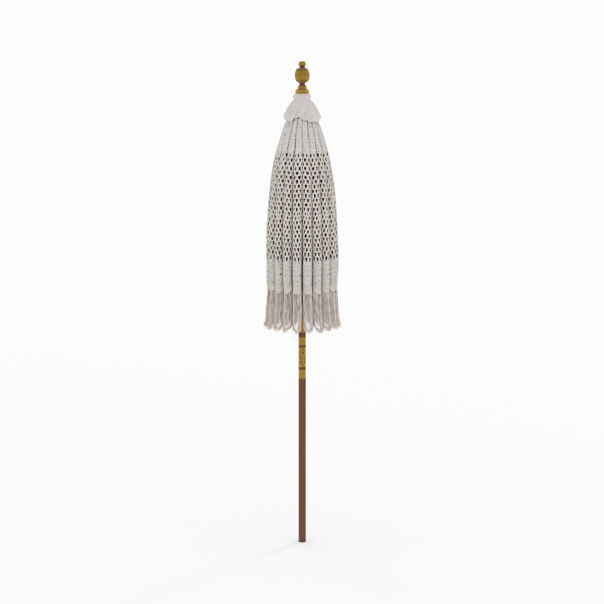 parasol fakele en bois de cocotier et macrame blanc creme marron dentelle