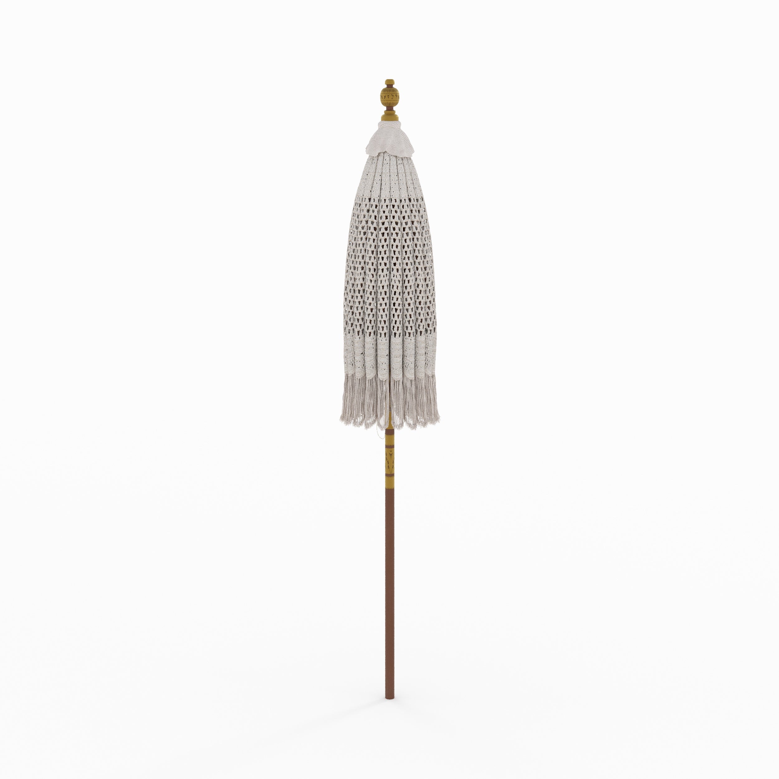 parasol fakele en bois de cocotier et macrame blanc creme marron dentelle
